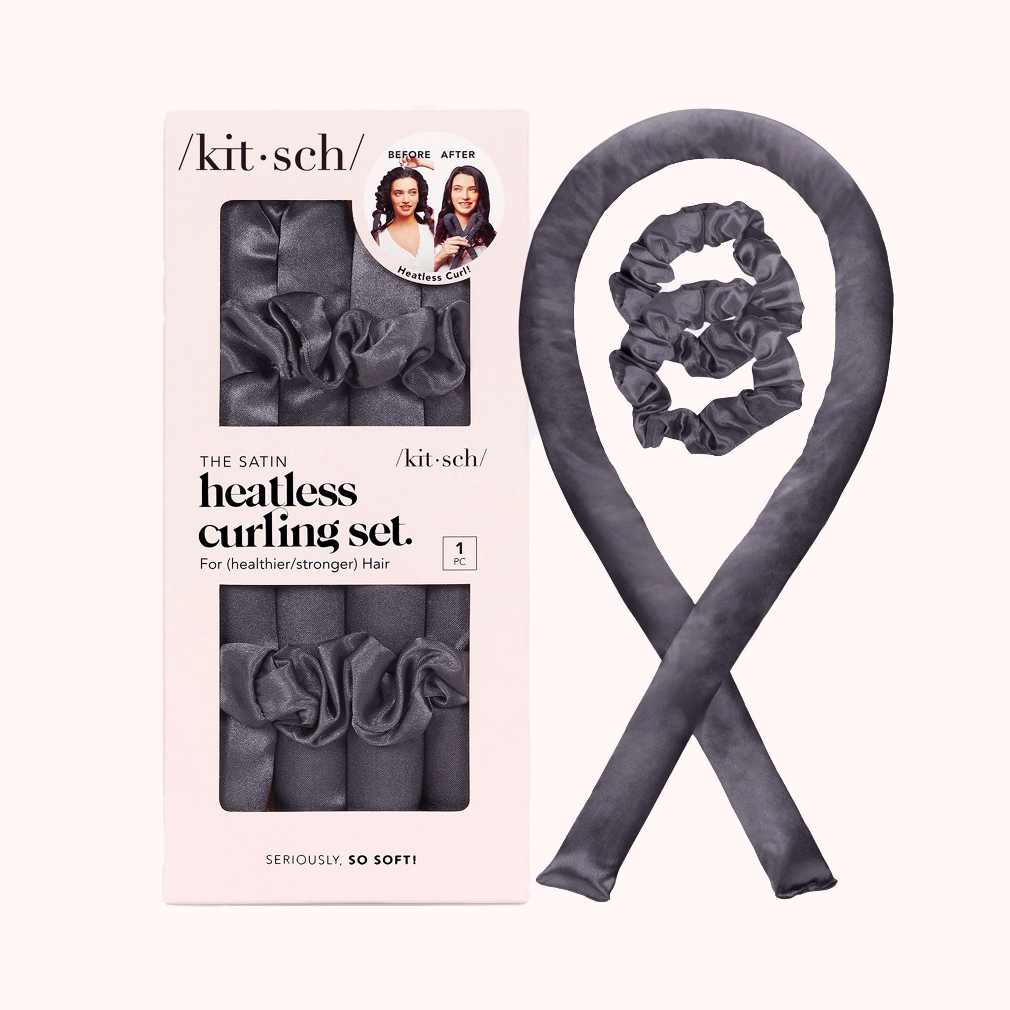 A black satin heatless curler with two included scrunchies.