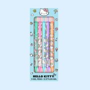 A blue package of multi colored gel pens with Hello Kitty patterns on them. 