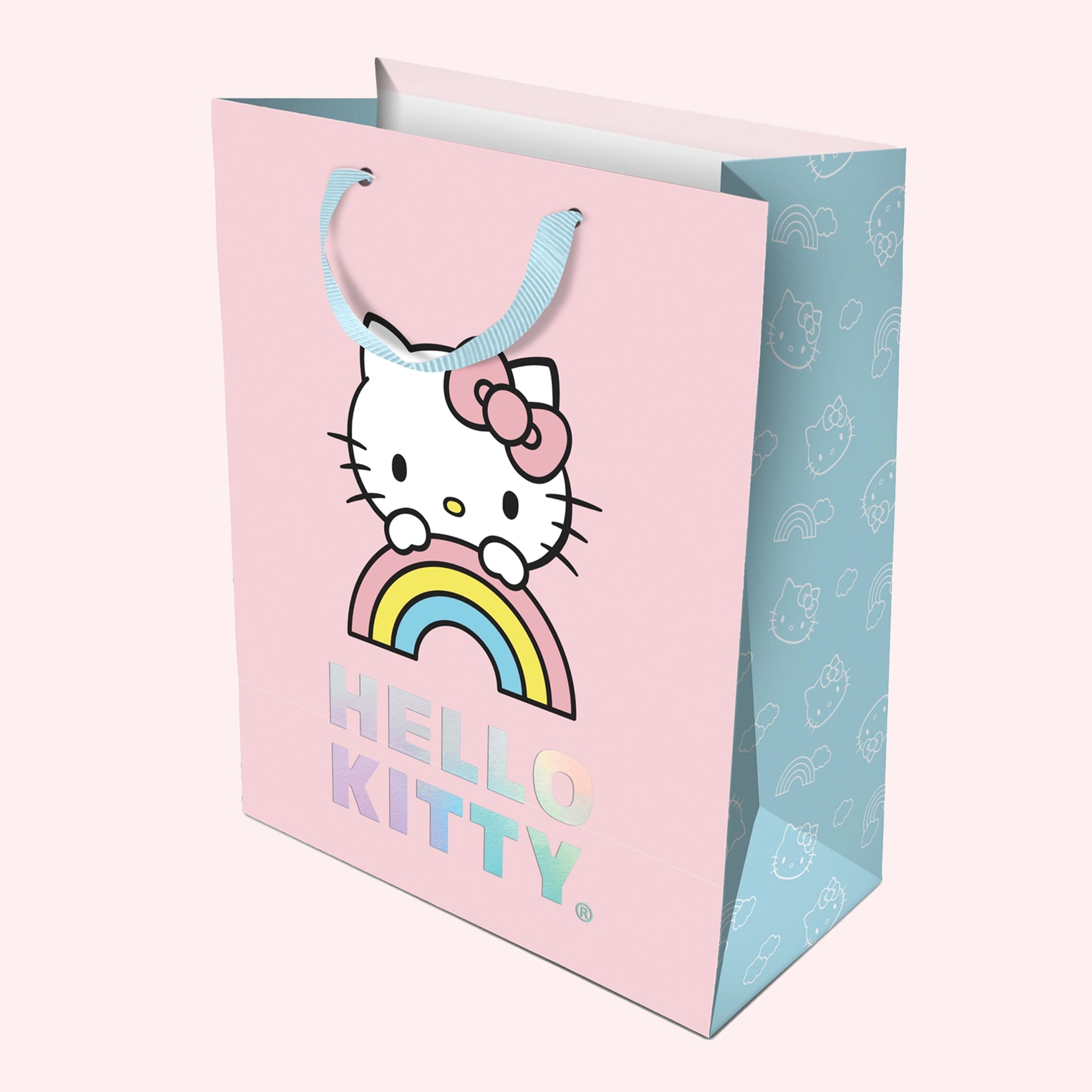 A light pink and blue hello kitty bag with holographic lettering that reads, &quot;Hello Kitty&quot;. 