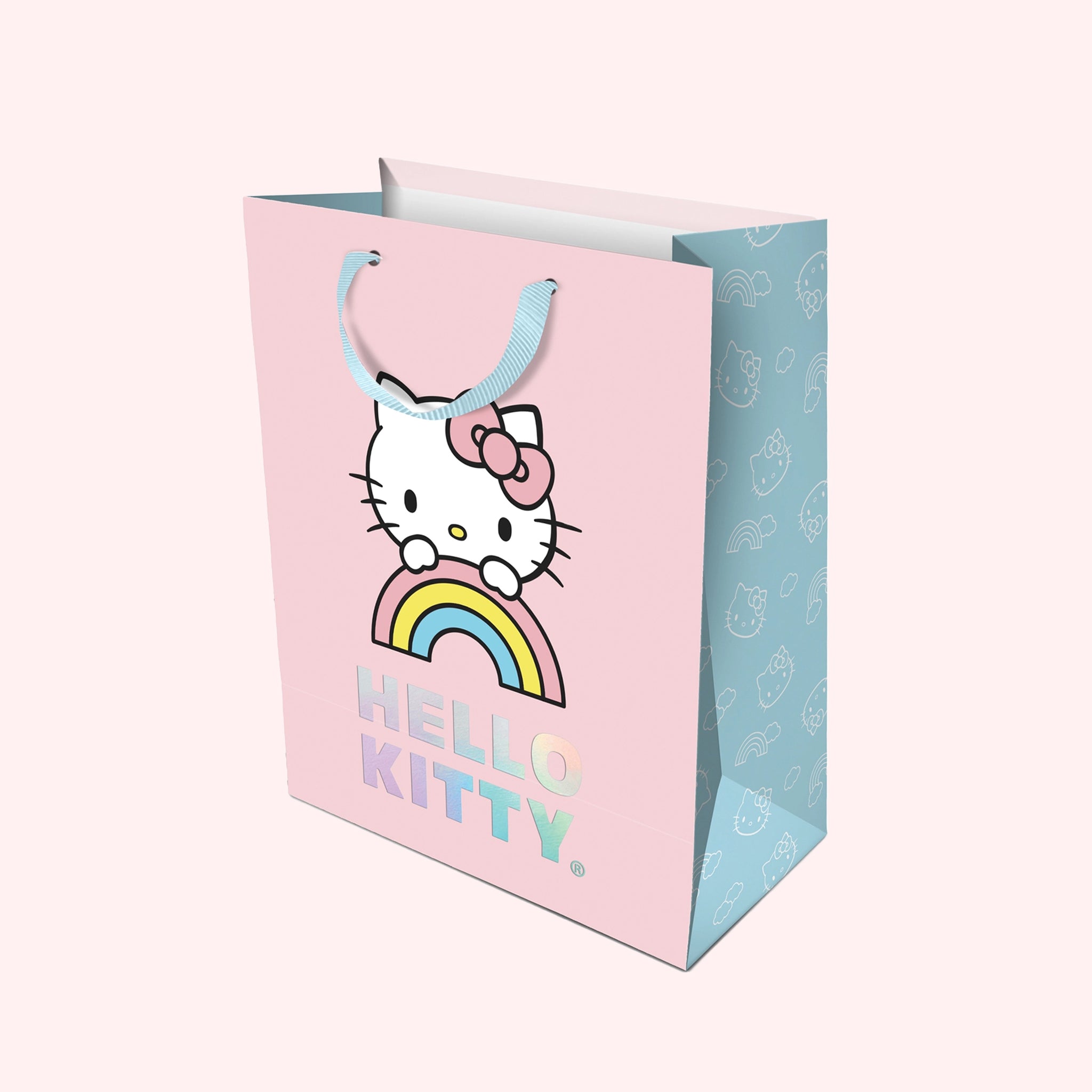 A light pink and blue hello kitty bag with holographic lettering that reads, &quot;Hello Kitty&quot;. 