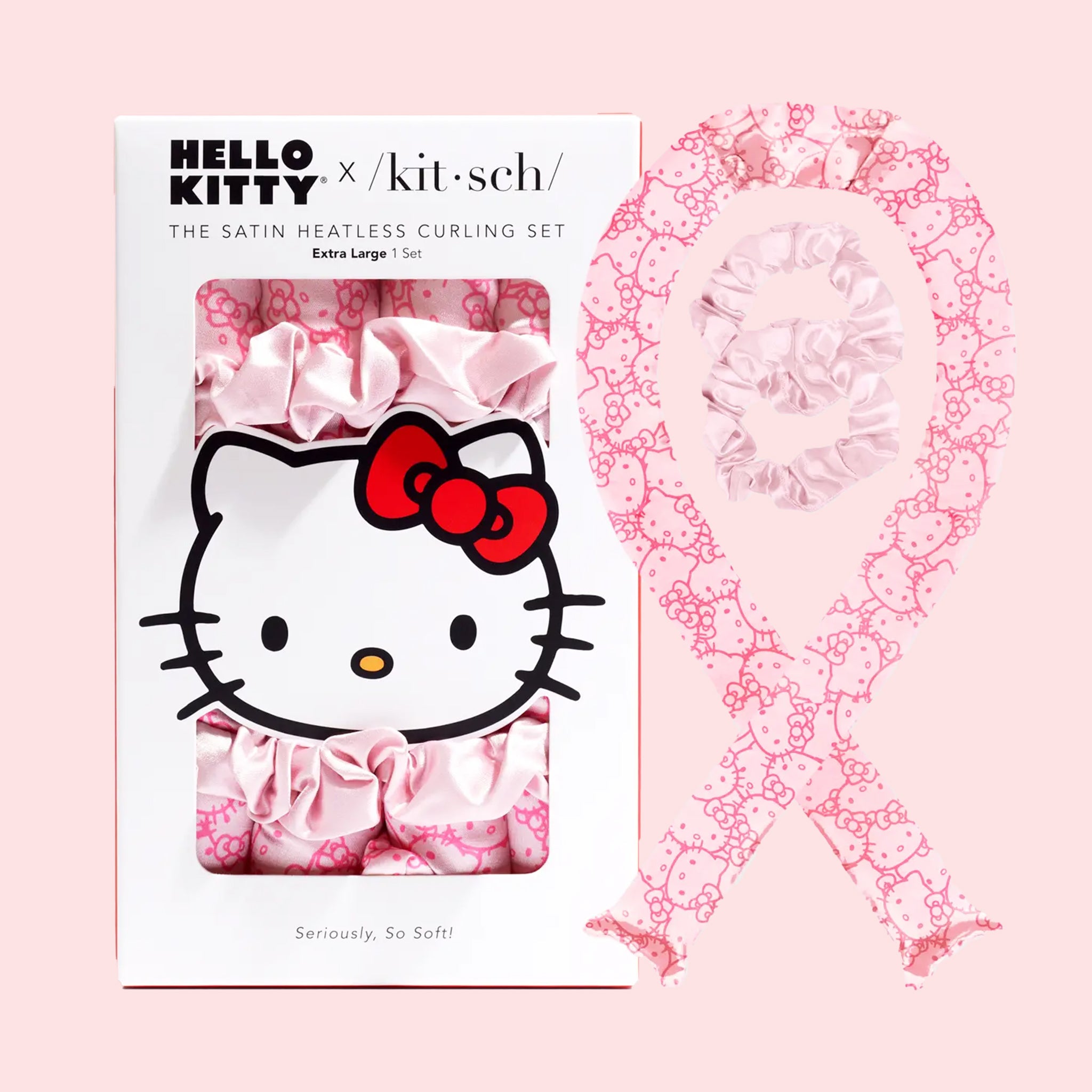 A set of two scrunchies and a satin heatless curling set with a Hello Kitty pink pattern. 