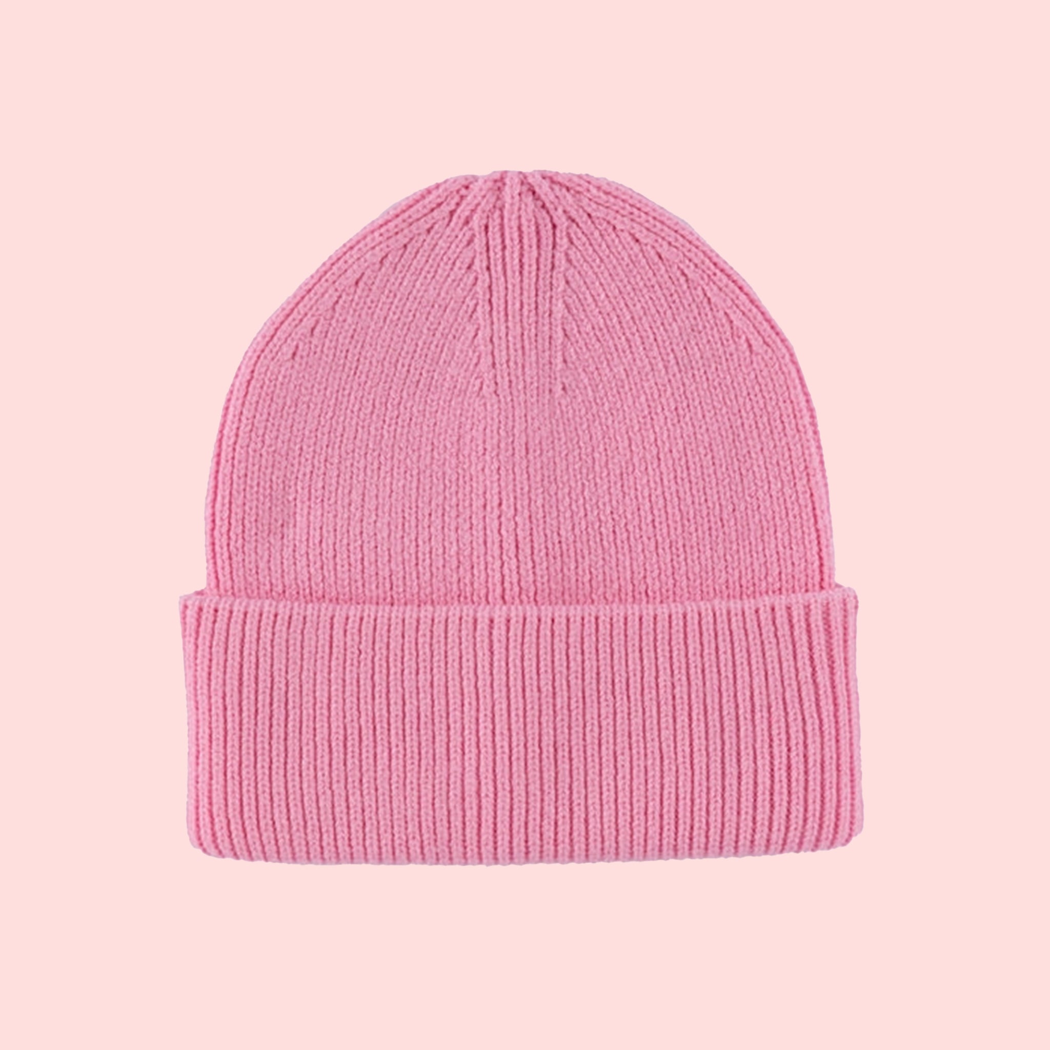 A pink knit beanie. 