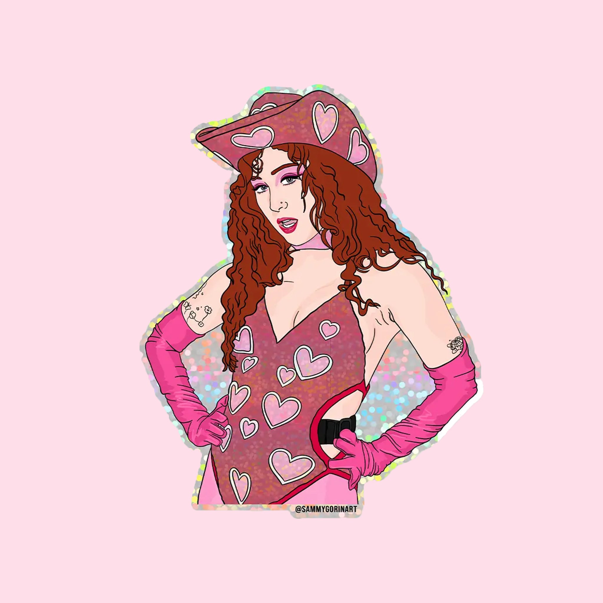 A sticker inspired by Chappell Roan in a heart pattern outfit and cowgirl hat. 