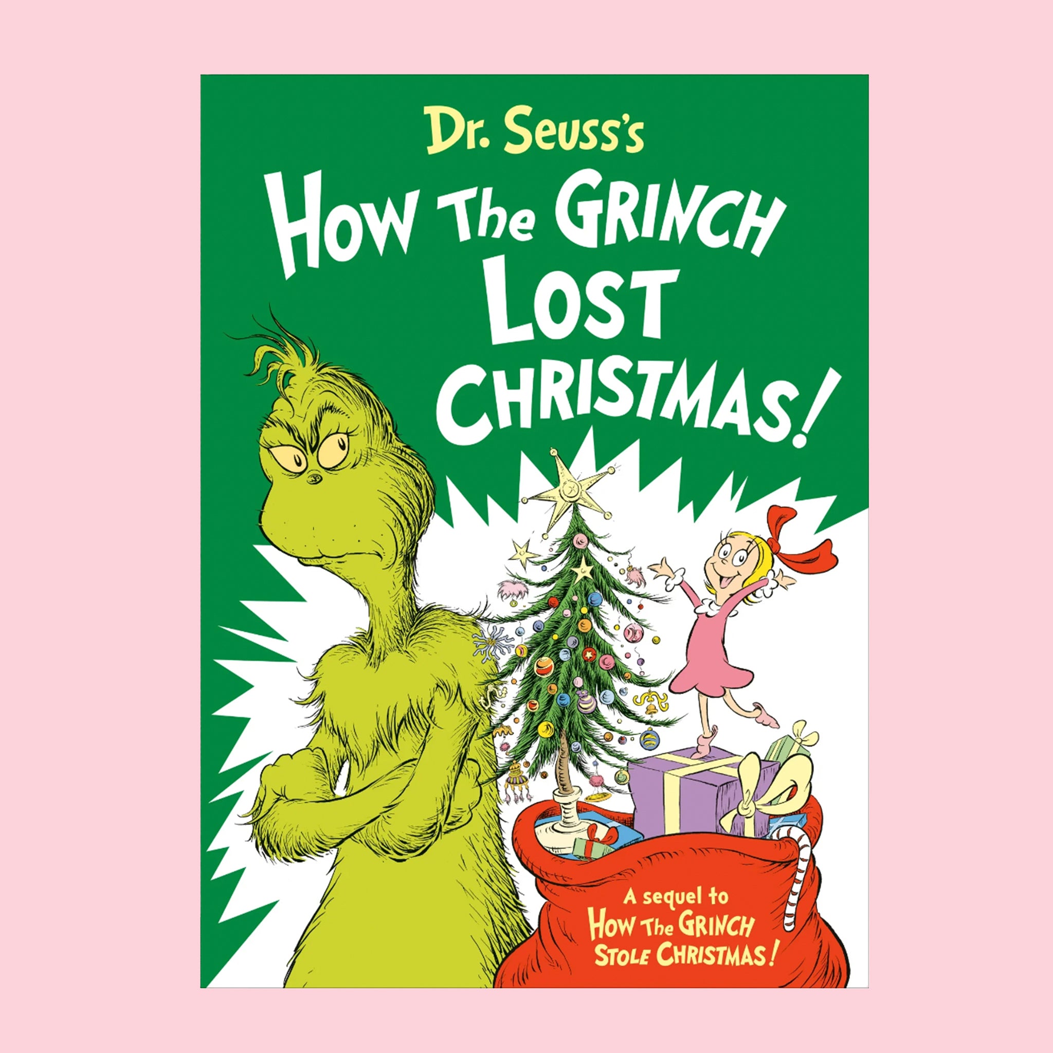 A green book cover with the Grinch on the front and text that reads, &#39;Dr Seuss&#39;s How The Grinch Lost Christmas&#39;. 