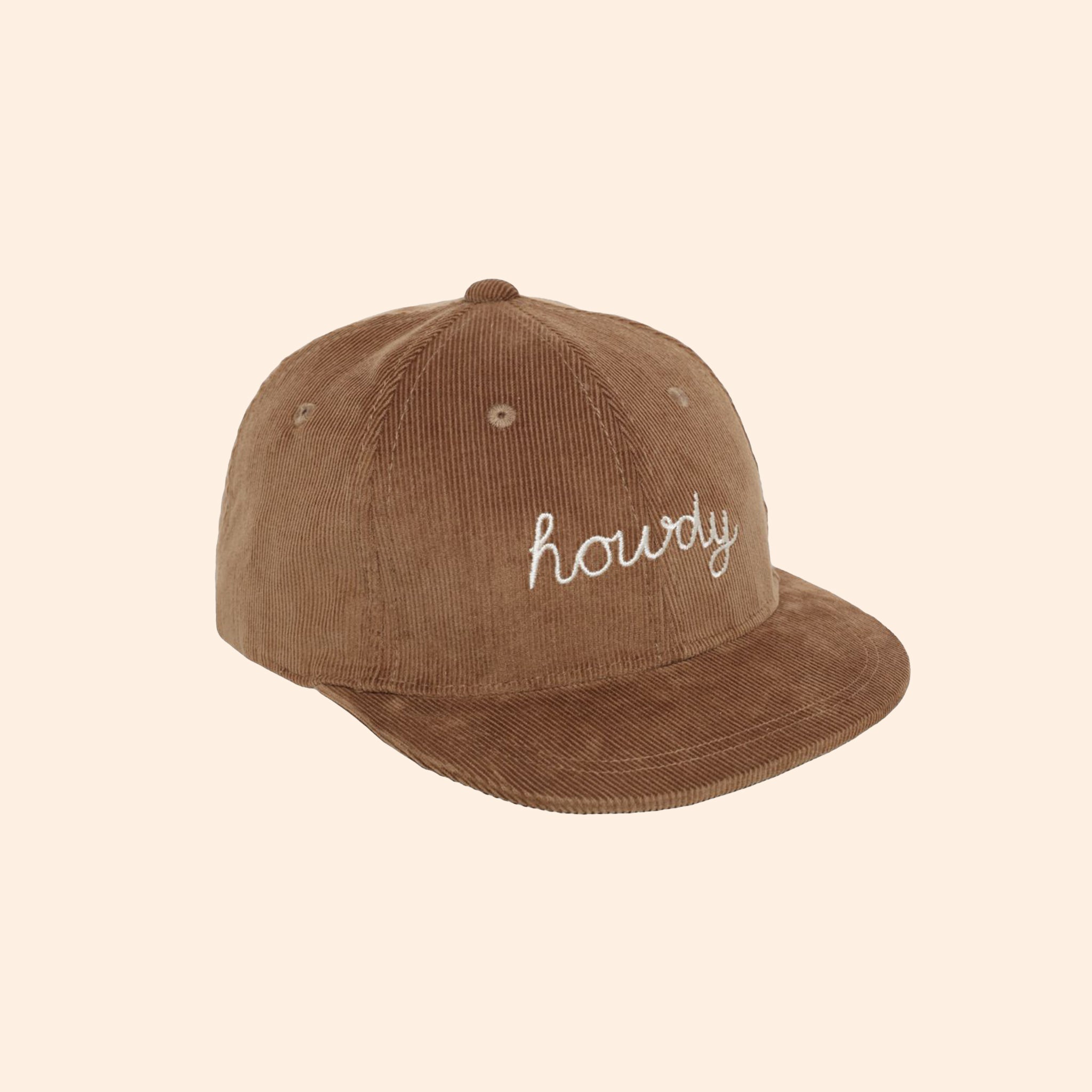 A corduroy brown baseball hat with white embroidered text that reads, &quot;howdy&quot; and &quot;Rylee and Cru&quot; on the snapback. 