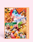 On a light pink background is a puzzle box that has images of the iconic state of California including, green juices, sunglasses, animal style burgers and fries, tacos, a Hollywood street sign and more. 