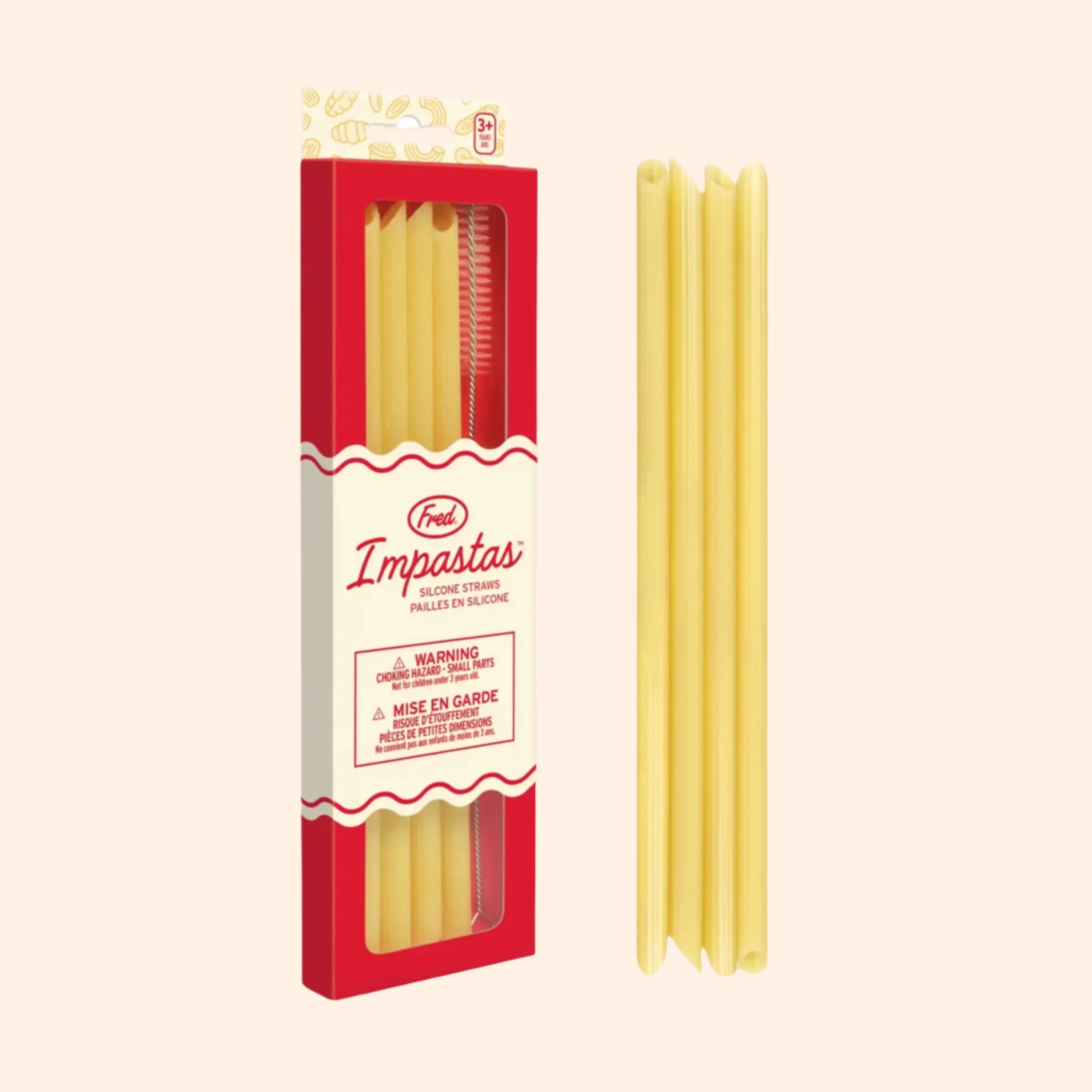 A pack of four pasta shaped silicone straws in a red and tan box. 