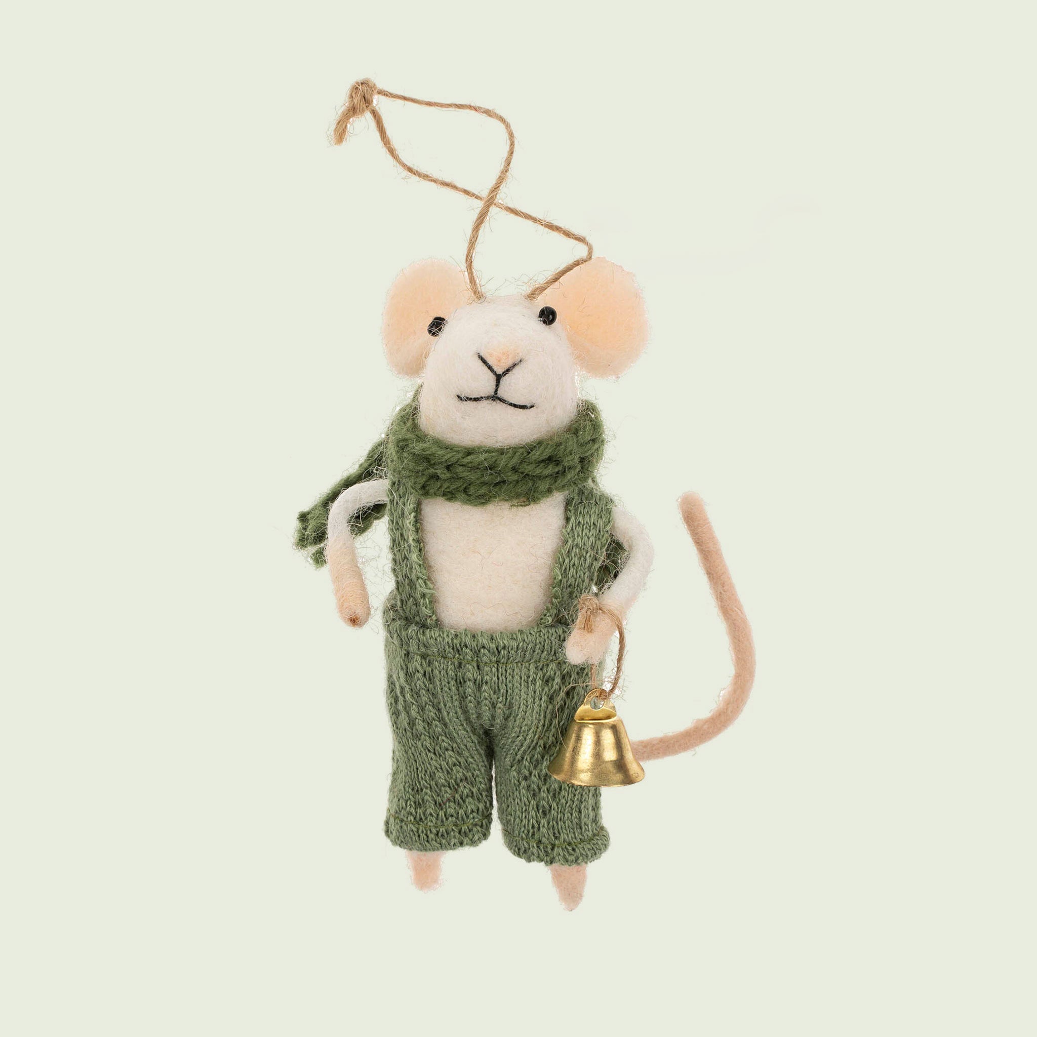 A white mouse shaped ornament with a green outfit, scarf and a gold bell. 