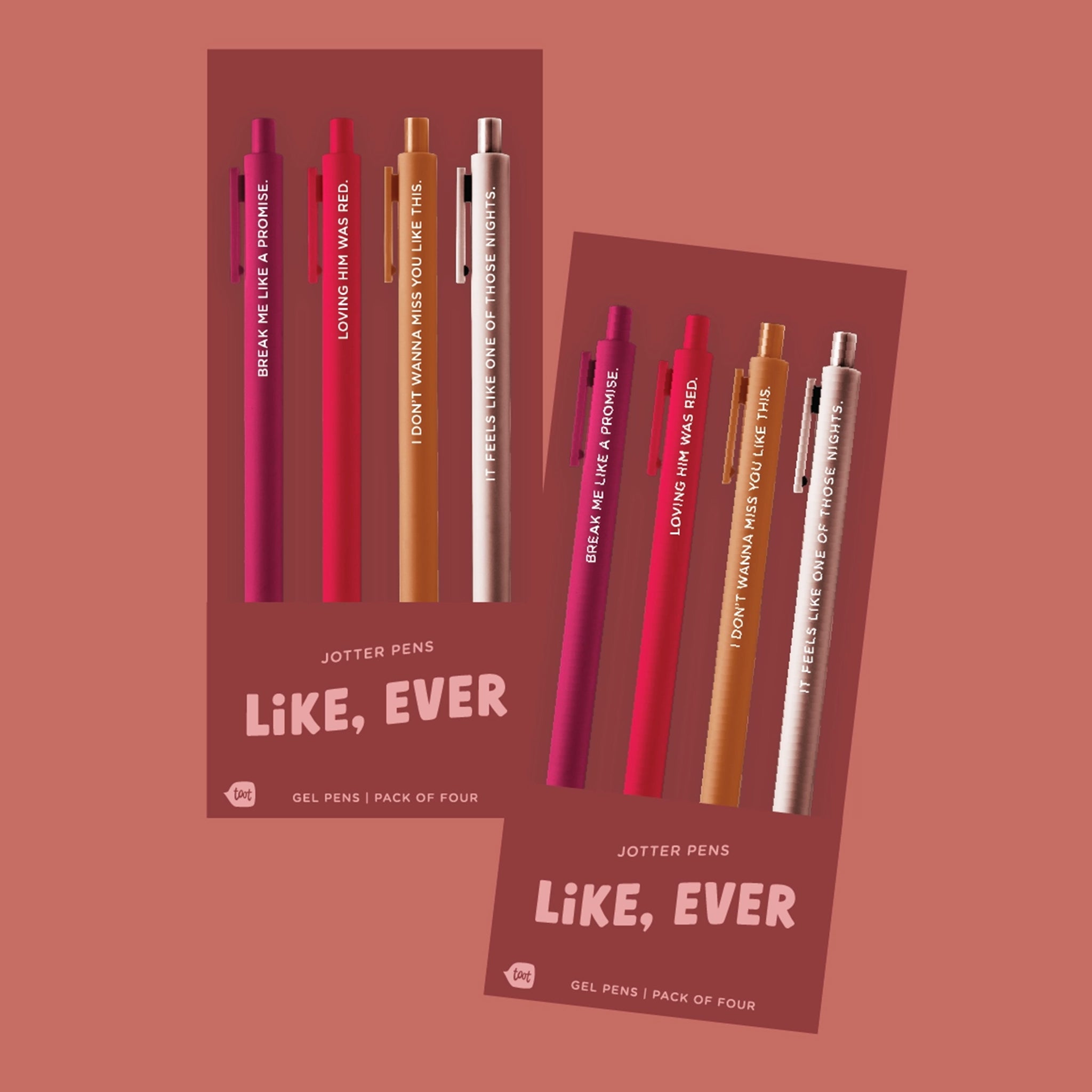 A set of four pens with different Red album lyrics on them. 