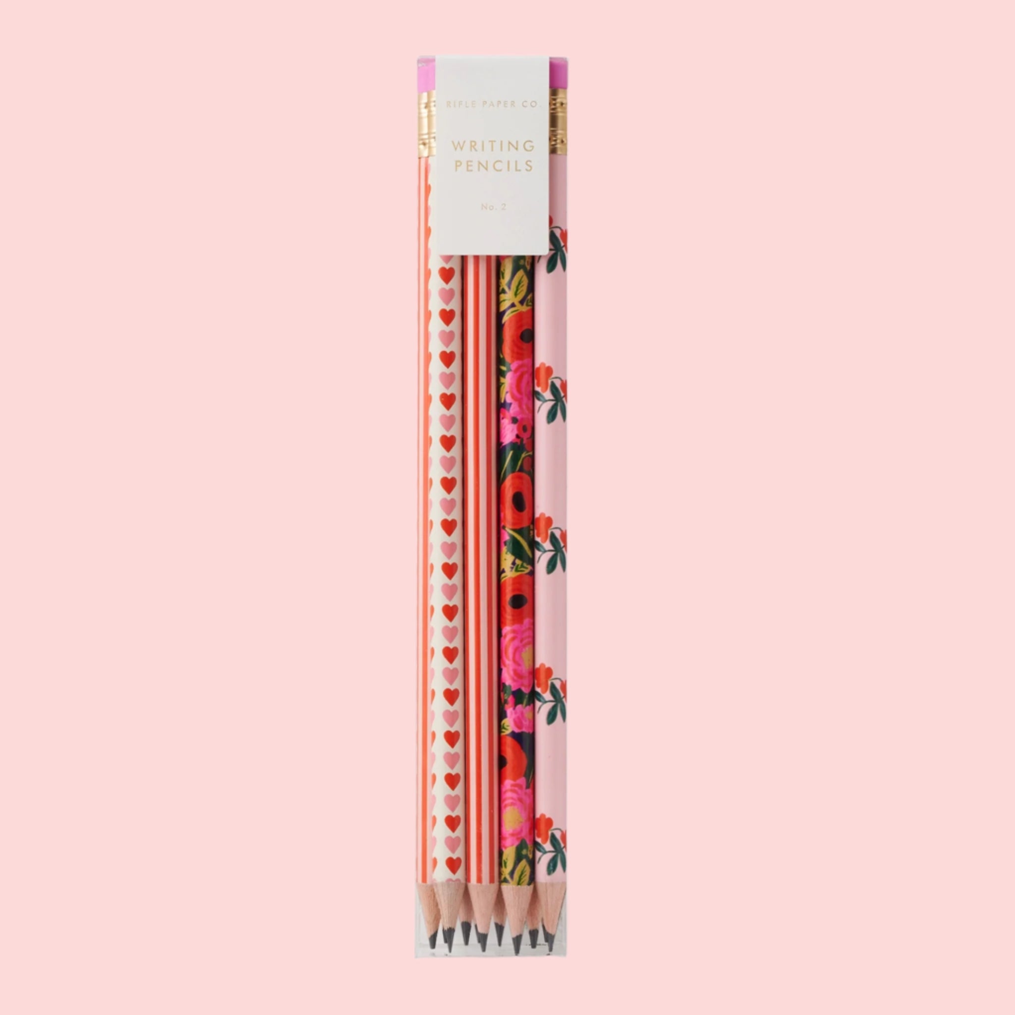 A pack of pencils with patterns of hearts, stripes and florals. 