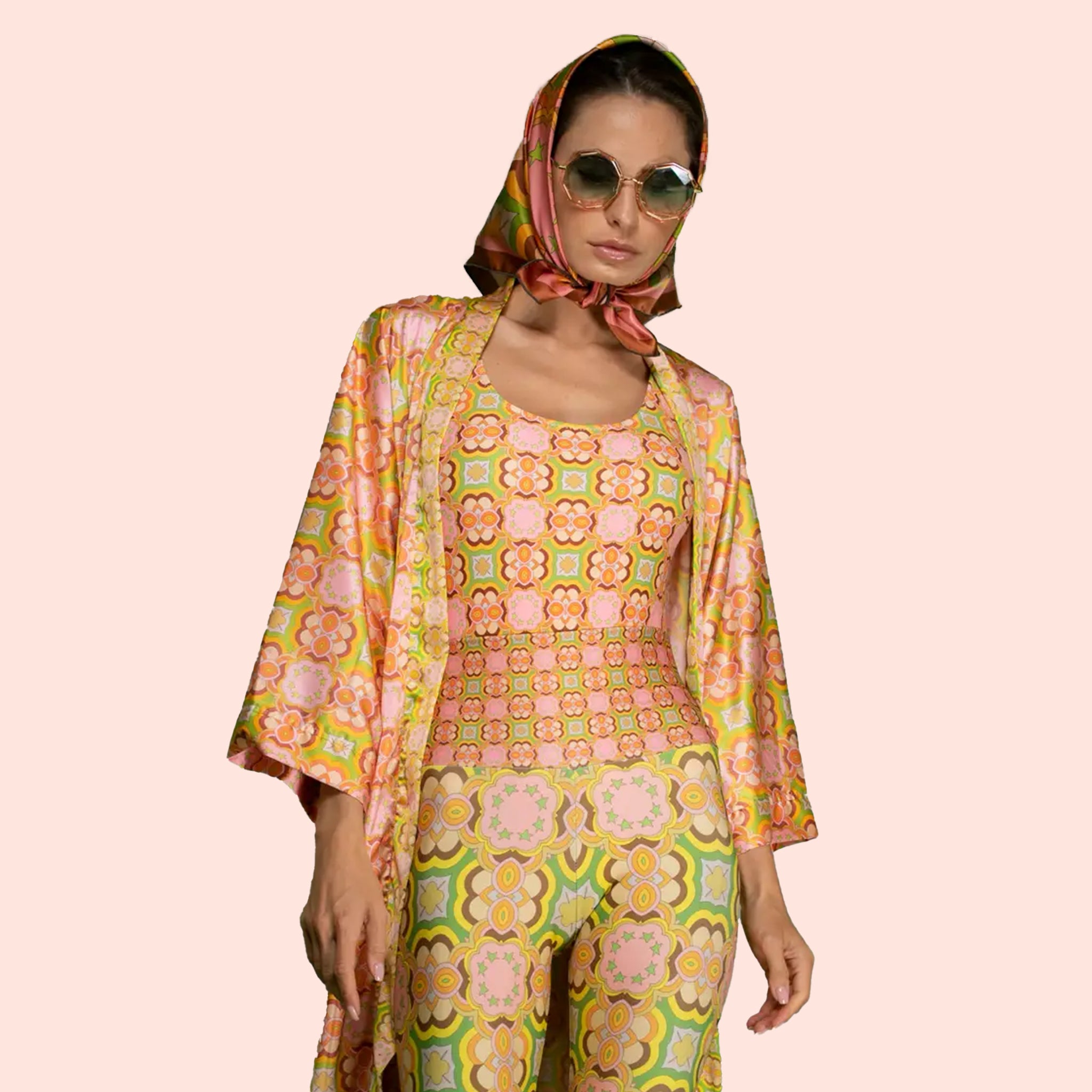 A pink, green and orange 60s-70s print patterned kimono robe. 