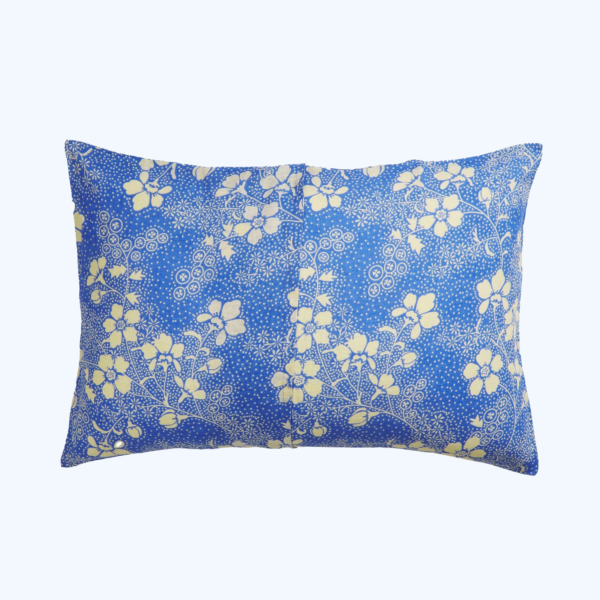 A pair of blue and ivory floral print pillow cases.