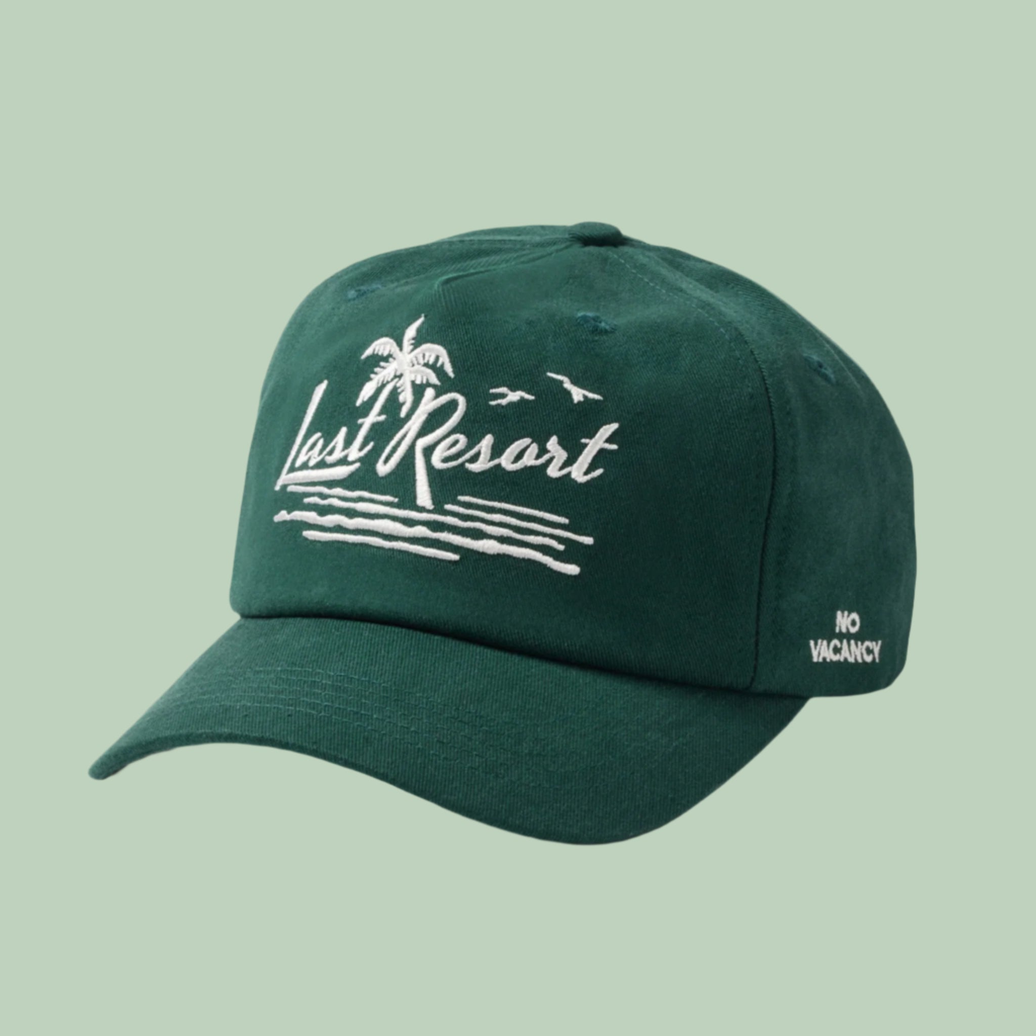 A dark green baseball cap with white embroidered text that reads, 'Last Resort'. 