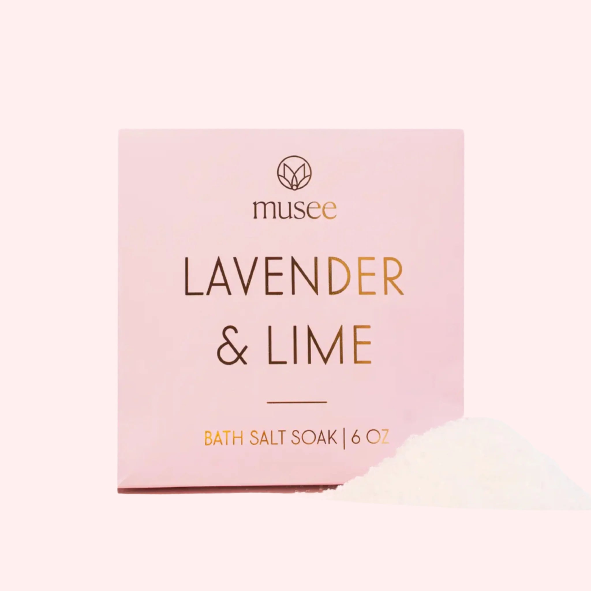 A pink box of lavender & lime bath salts. 