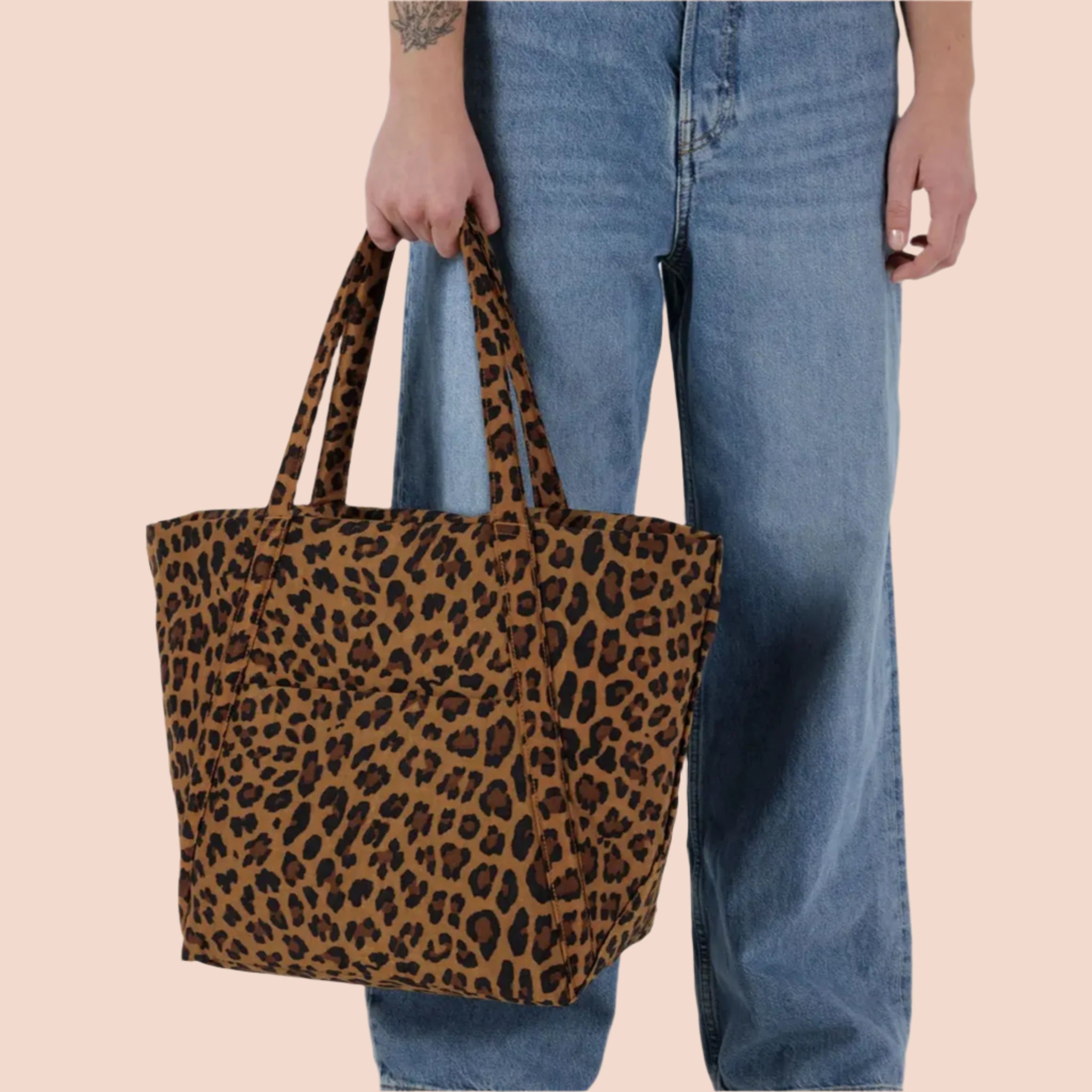 A leopard print puffer tote bag. 