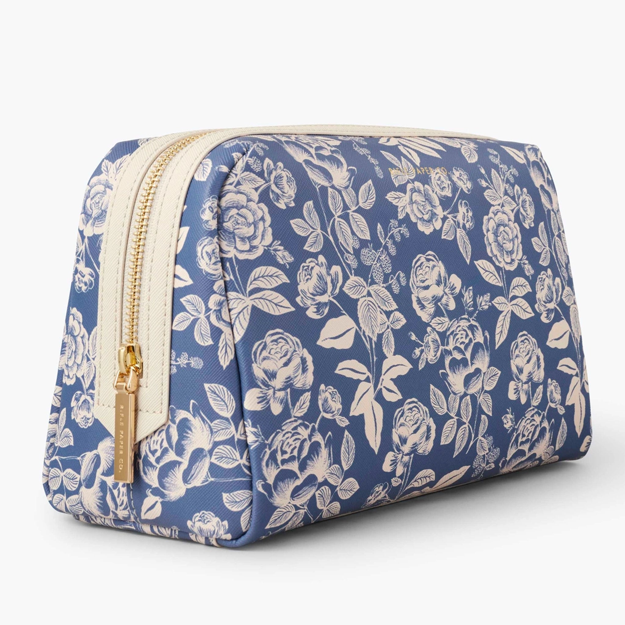 blue cosmetic pouch with white flower pattern