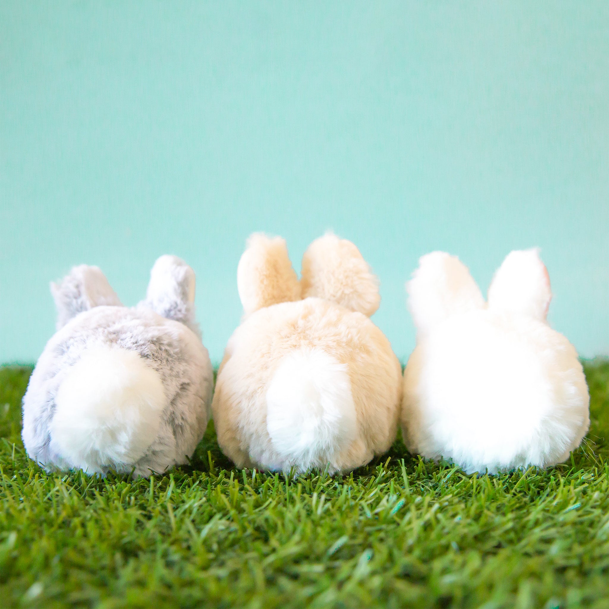 A shot of all three bunnies from behind. Each bunny sold separately.