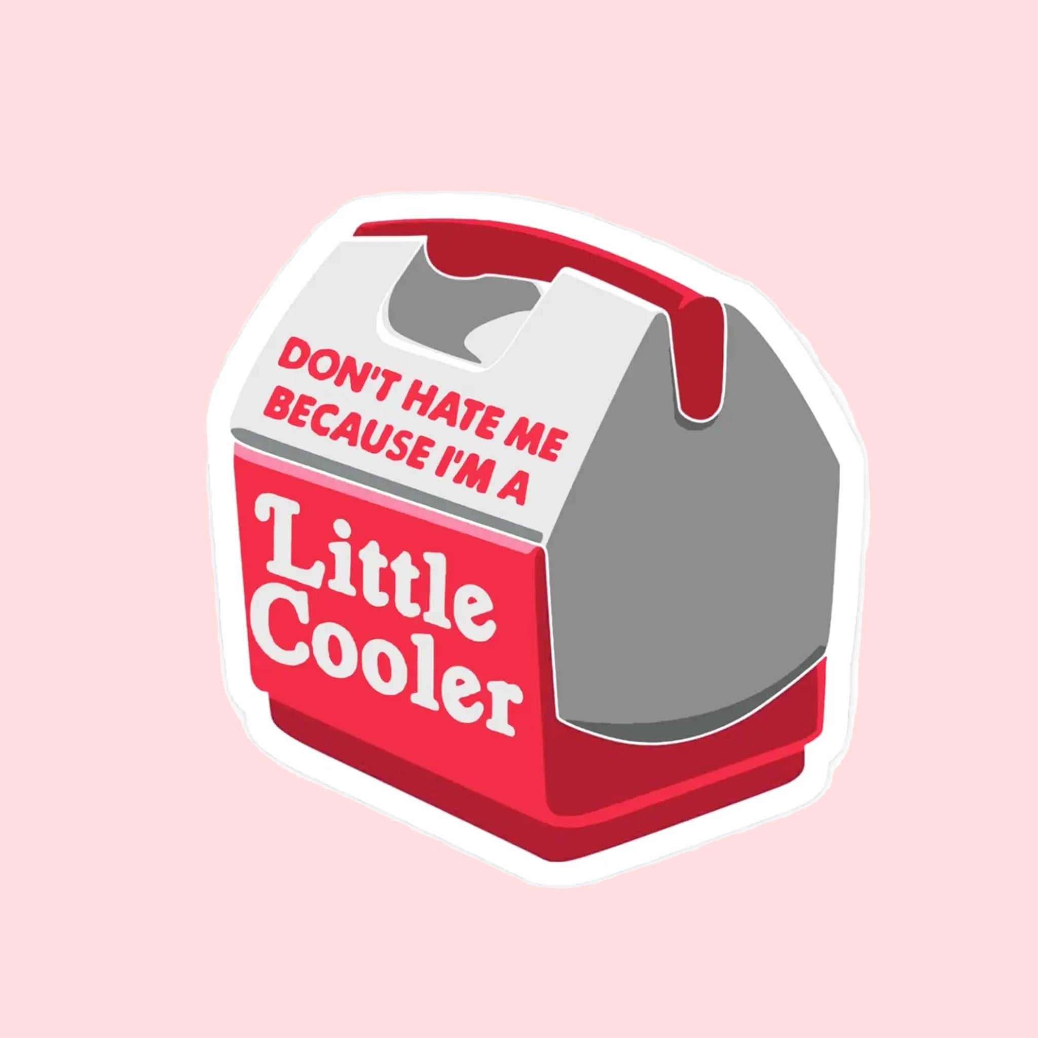 On a light pink background is a red and white sticker in the shape of a cooler with text that reads, "Don't Hate Me Because I'm A Little Cooler".