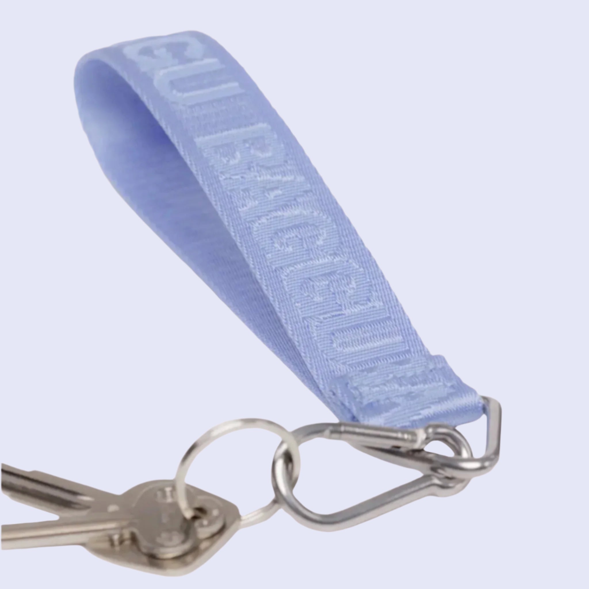 A light blue keychain with silver details and the 'Baggu' logo on the lanyard. 