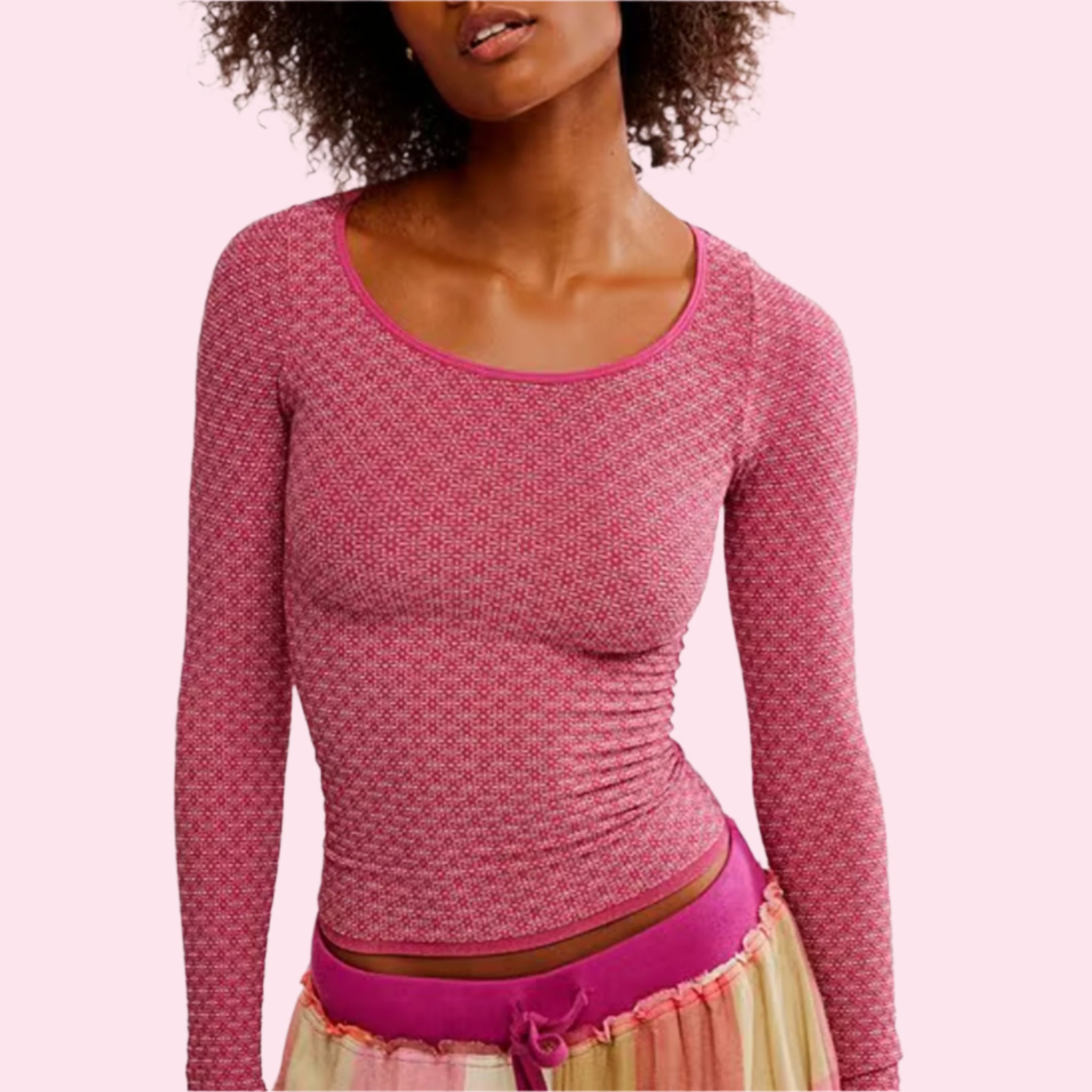 A hot pink long sleeve scoop neck shirt. 