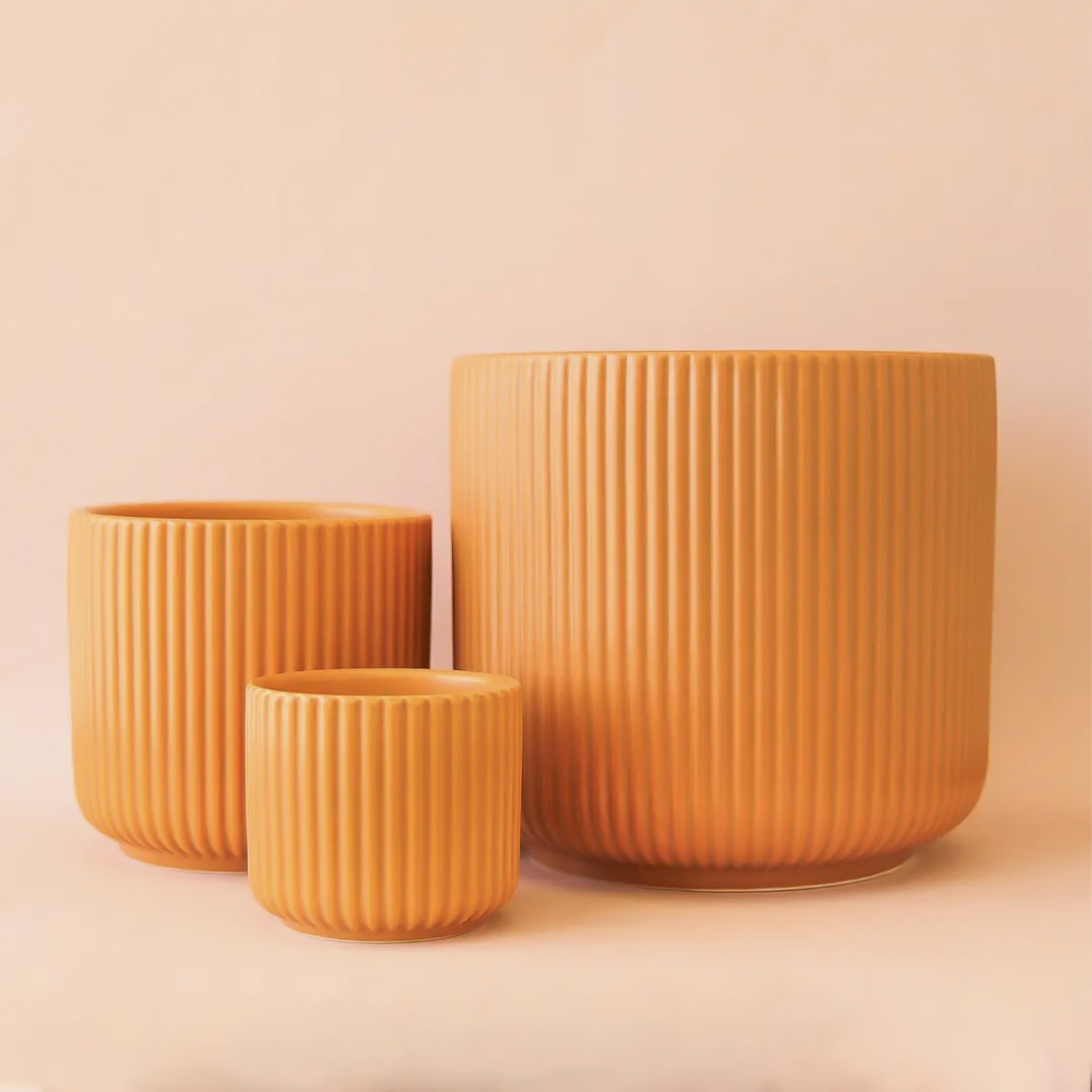 On an ivory background is three different sized orange ceramic planters with a fluted detail and a rounded base.