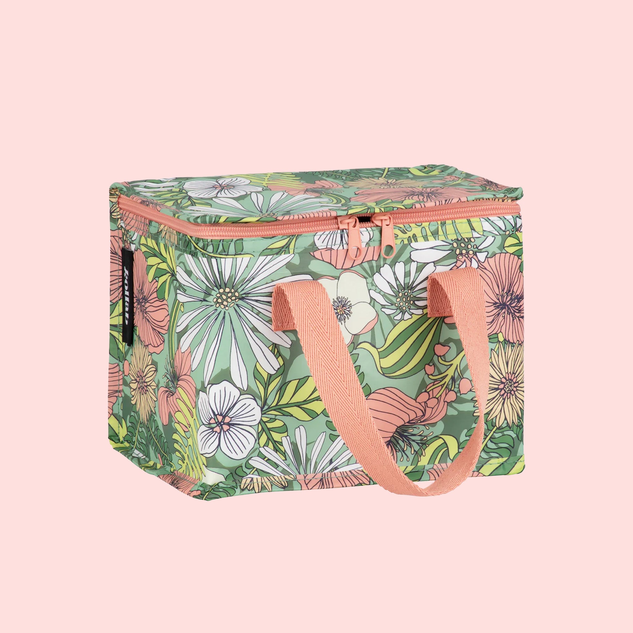 A green and coral floral printed lunch box. 