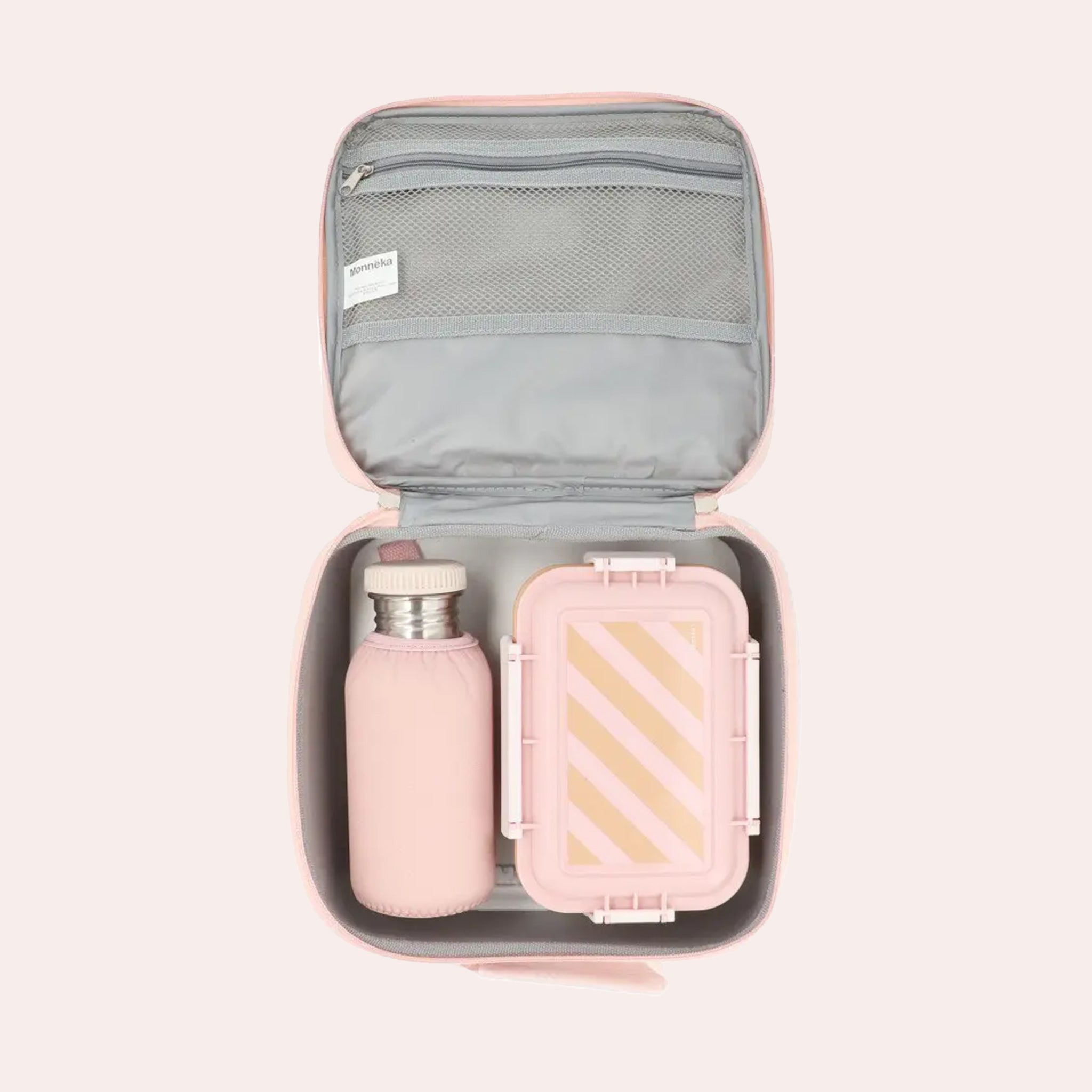 A pink and peachy colored striped lunch box with a double zipper and handle for carrying. Water bottle and food container not included with purchase. 