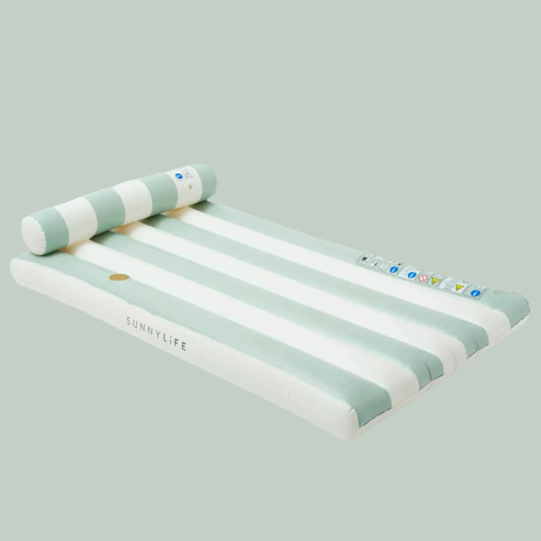 A green and ivory striped pool float. 