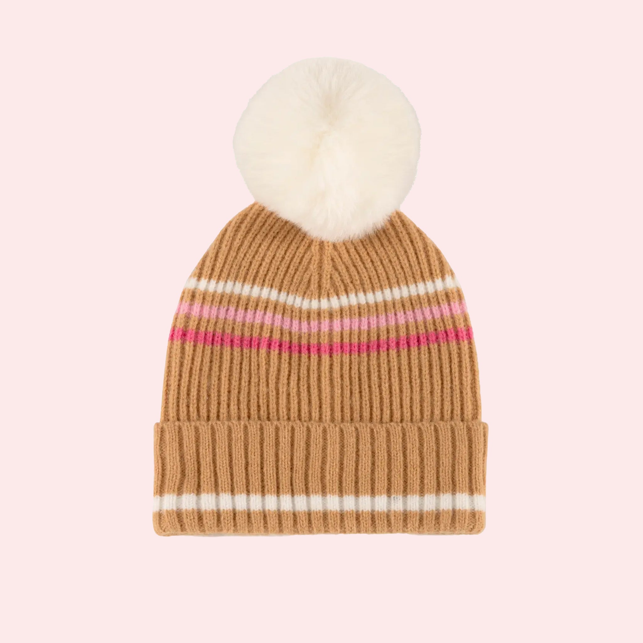 A tan beanie with a pink and white stripe pattern and a white pom pom puff at the top. 