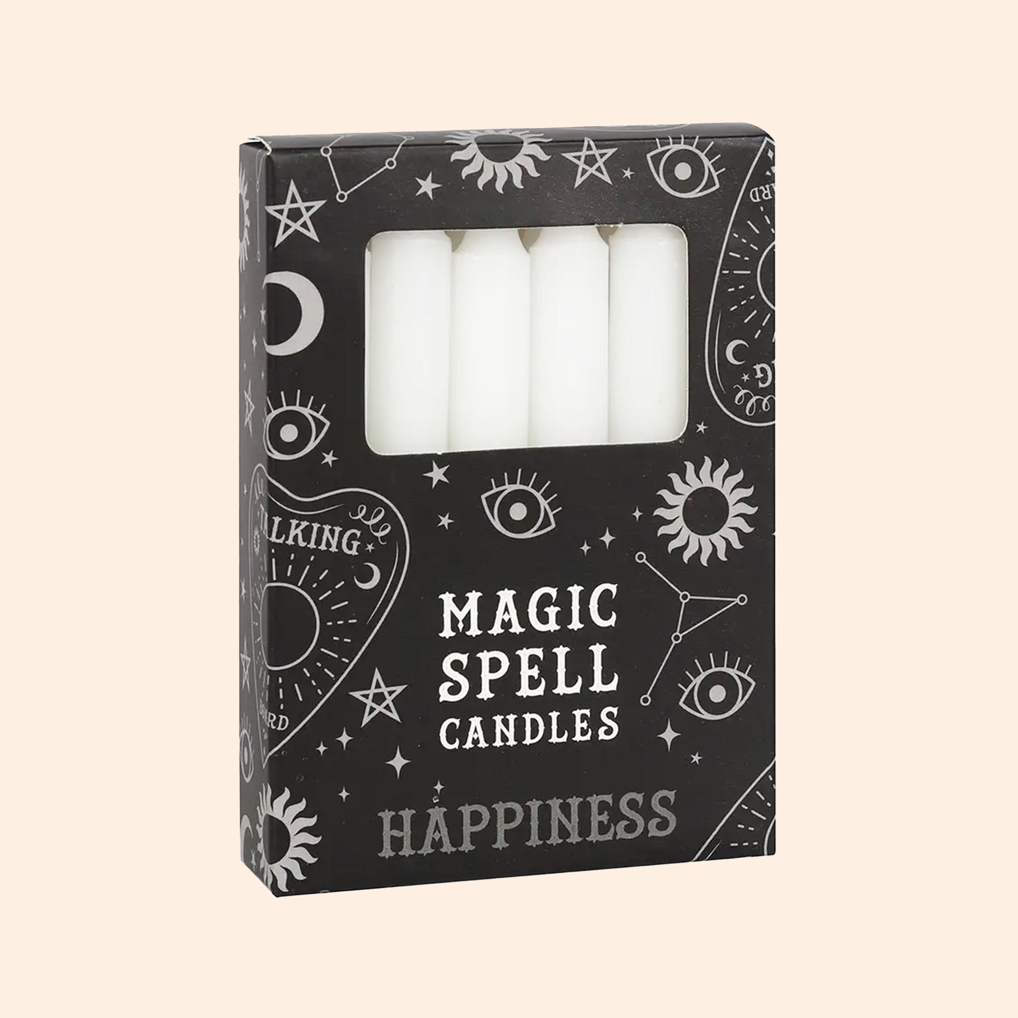 A set of 12 taper candles in a black box with text that reads, &quot;Magic Spell Candles&quot;. 