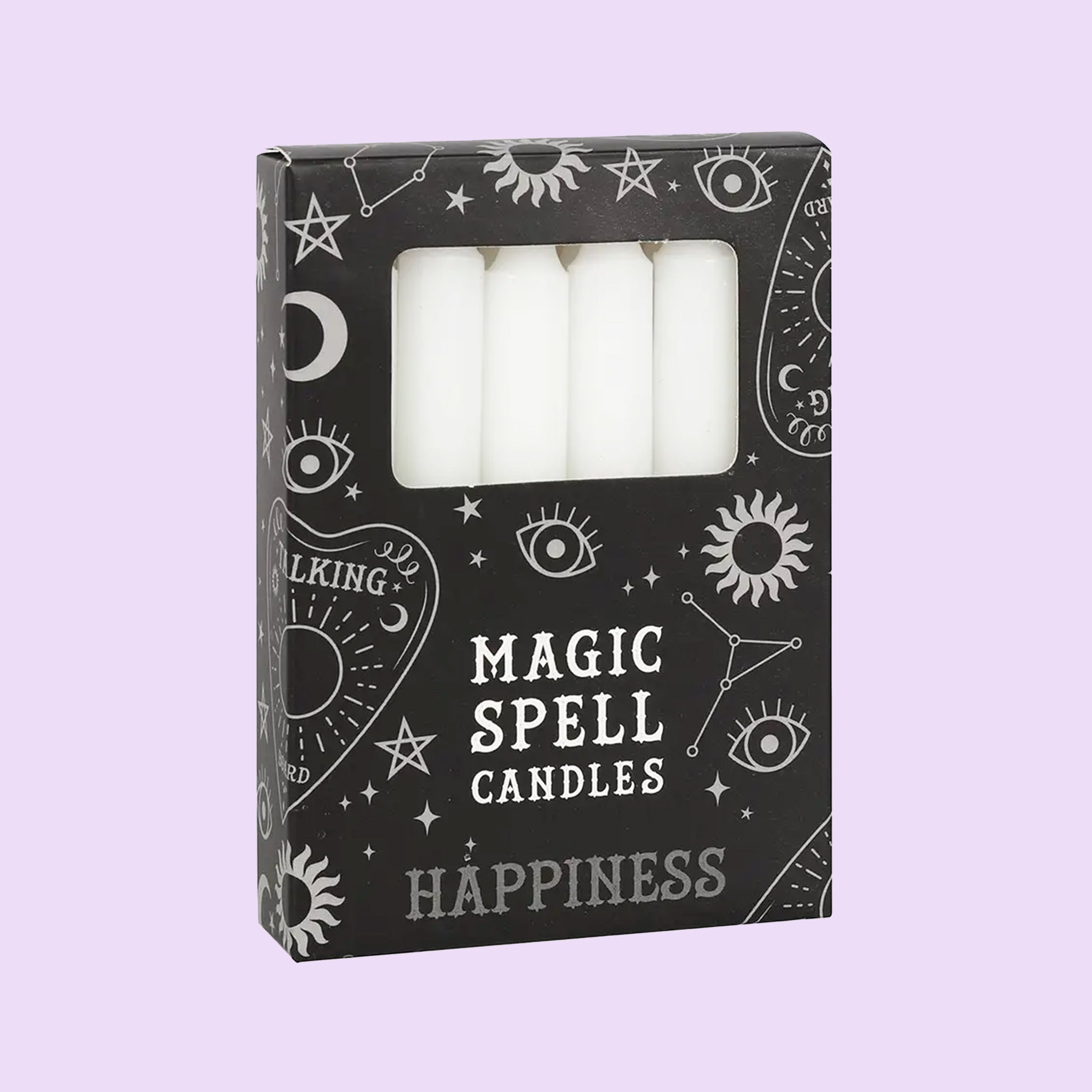 A set of 12 taper candles in a black box with text that reads, "Magic Spell Candles". 