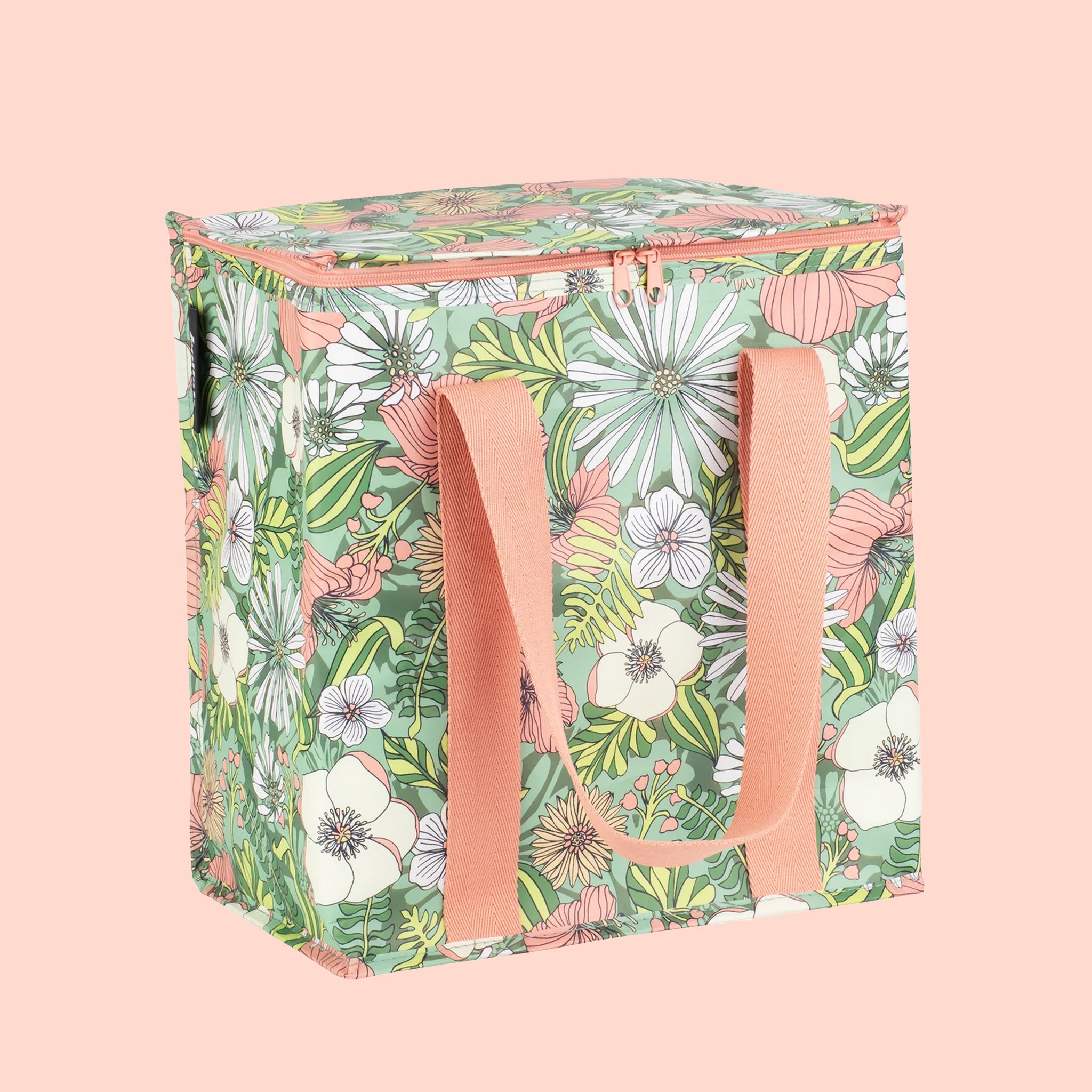 A green, white and coral floral printed cooler bag. 