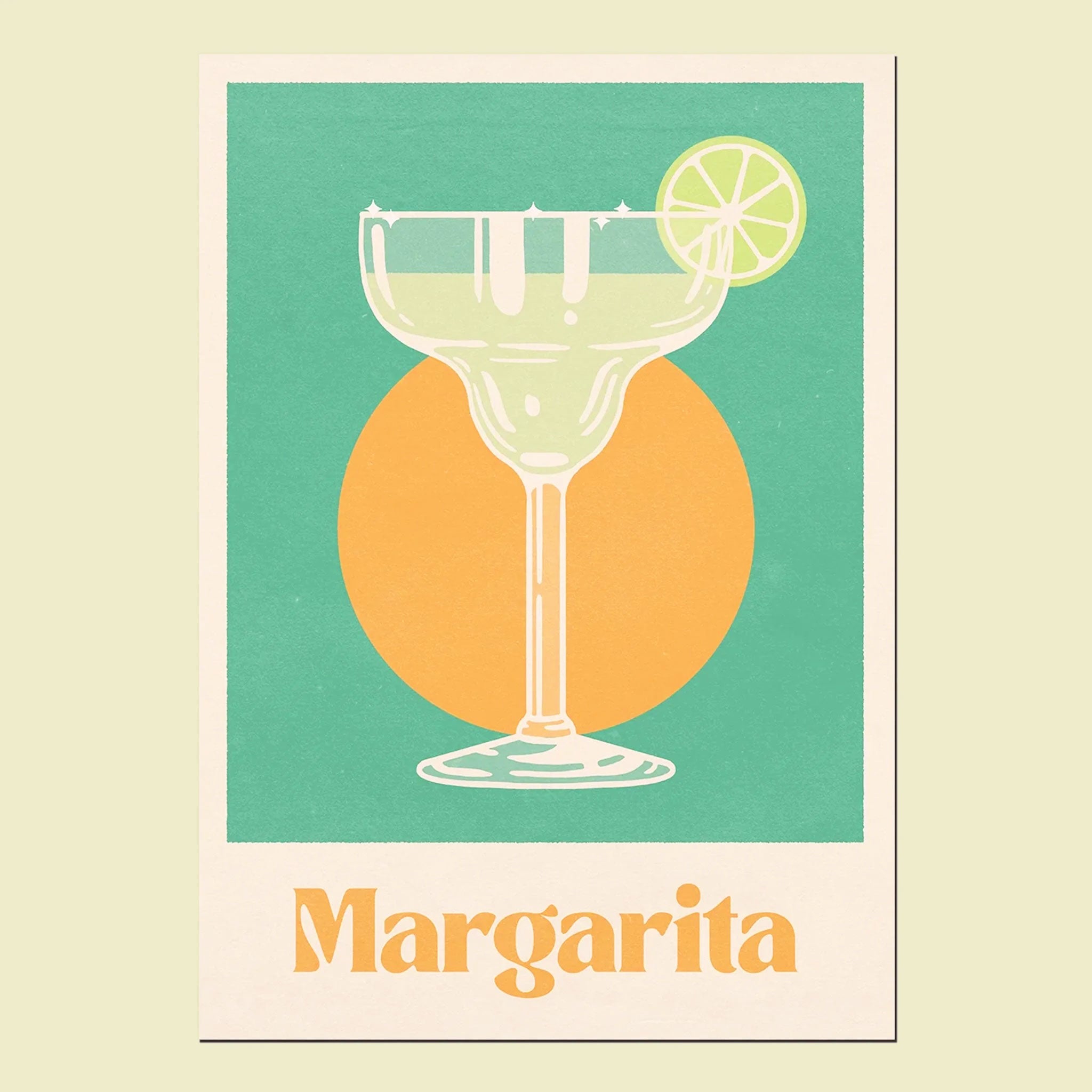 margarita shaped glass with lime wheel on rim over a green background with orange circle. text reads margarita.