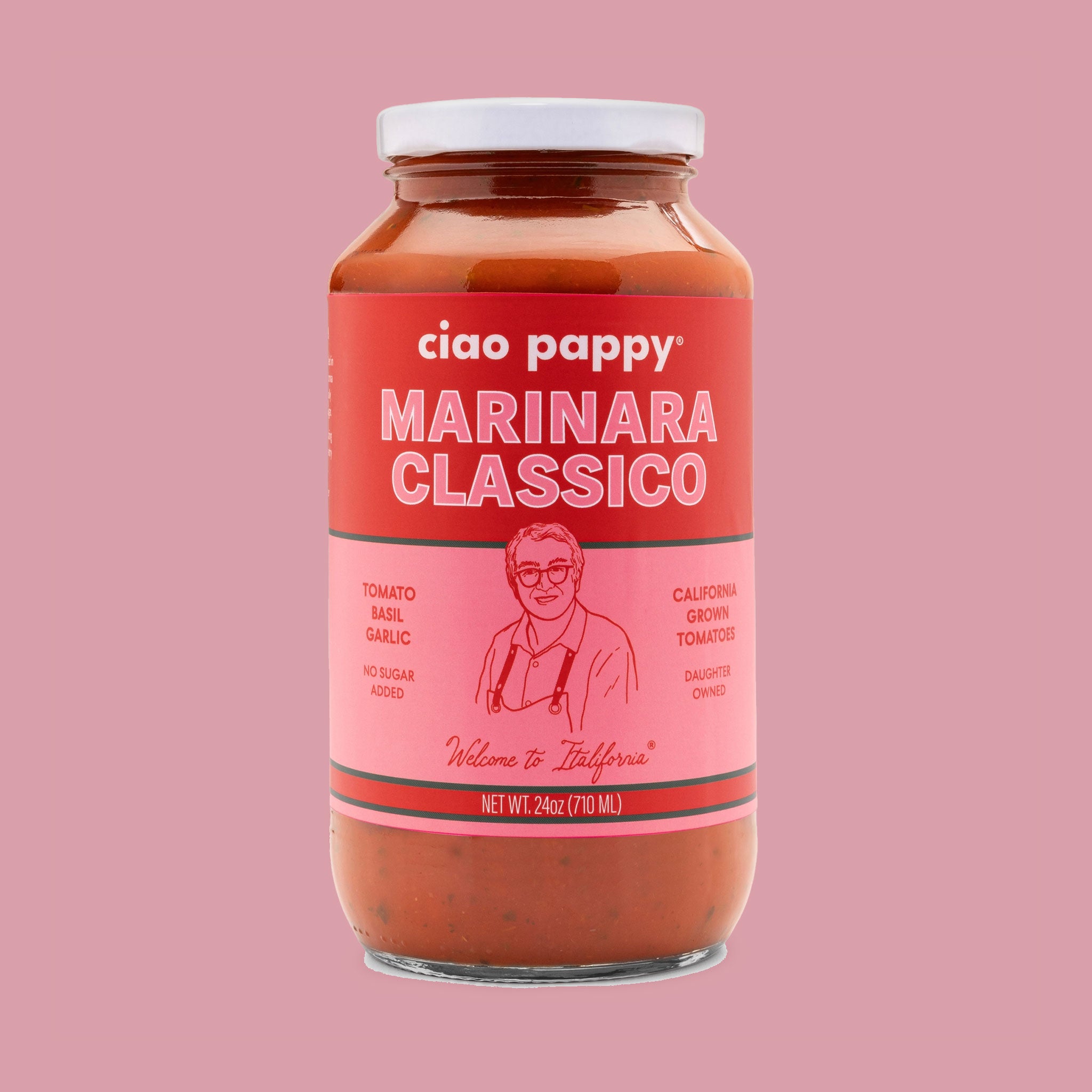 A glass jar of marinara with text that reads, &#39;ciao pappy Marinara Classico&#39;. 