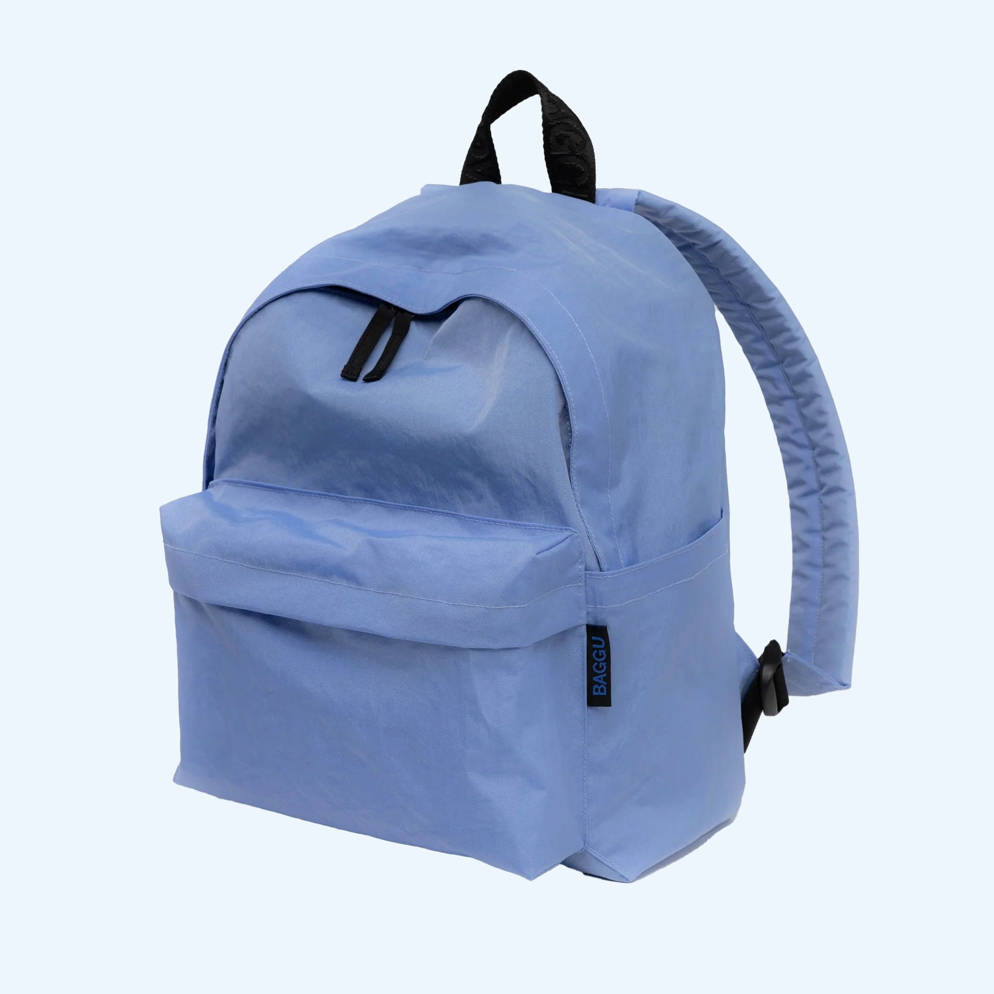 A blue nylon backpack with a side pocket and front zip pockets and black details.