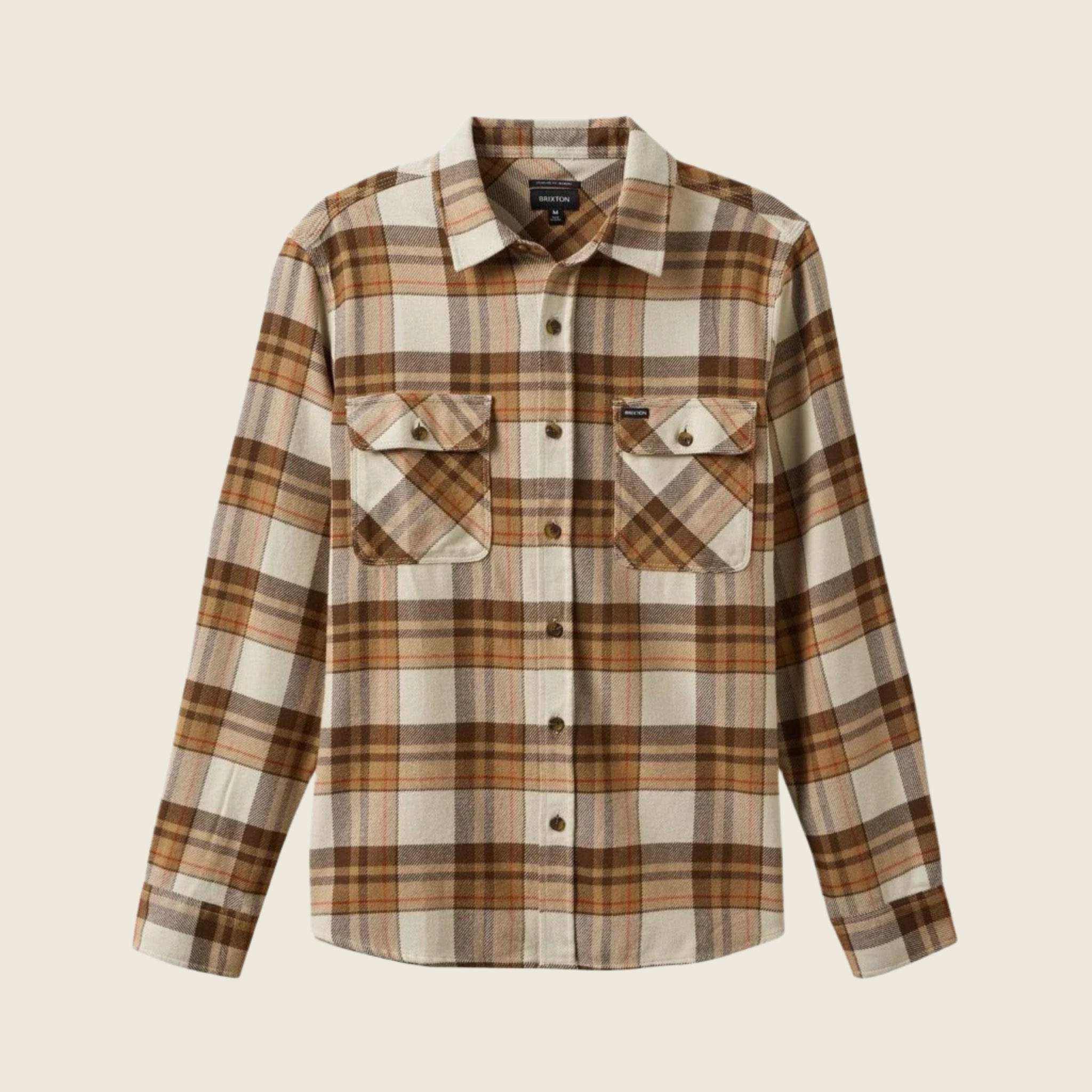 A tan, cream and brown plaid flannel shirt for men. 
