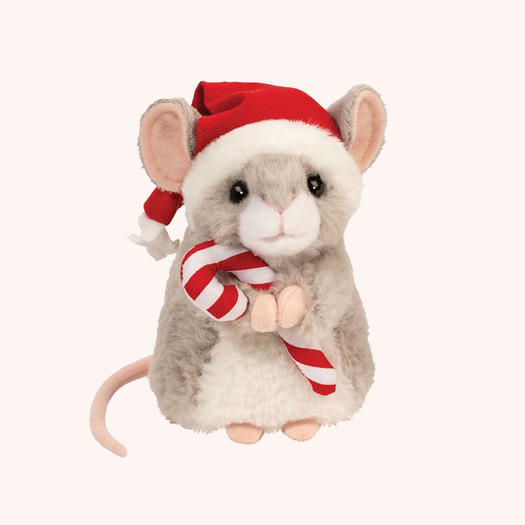 A beige and grey mouse stuffed animal holding onto a red and white candy cane and wearing a red Santa hat.