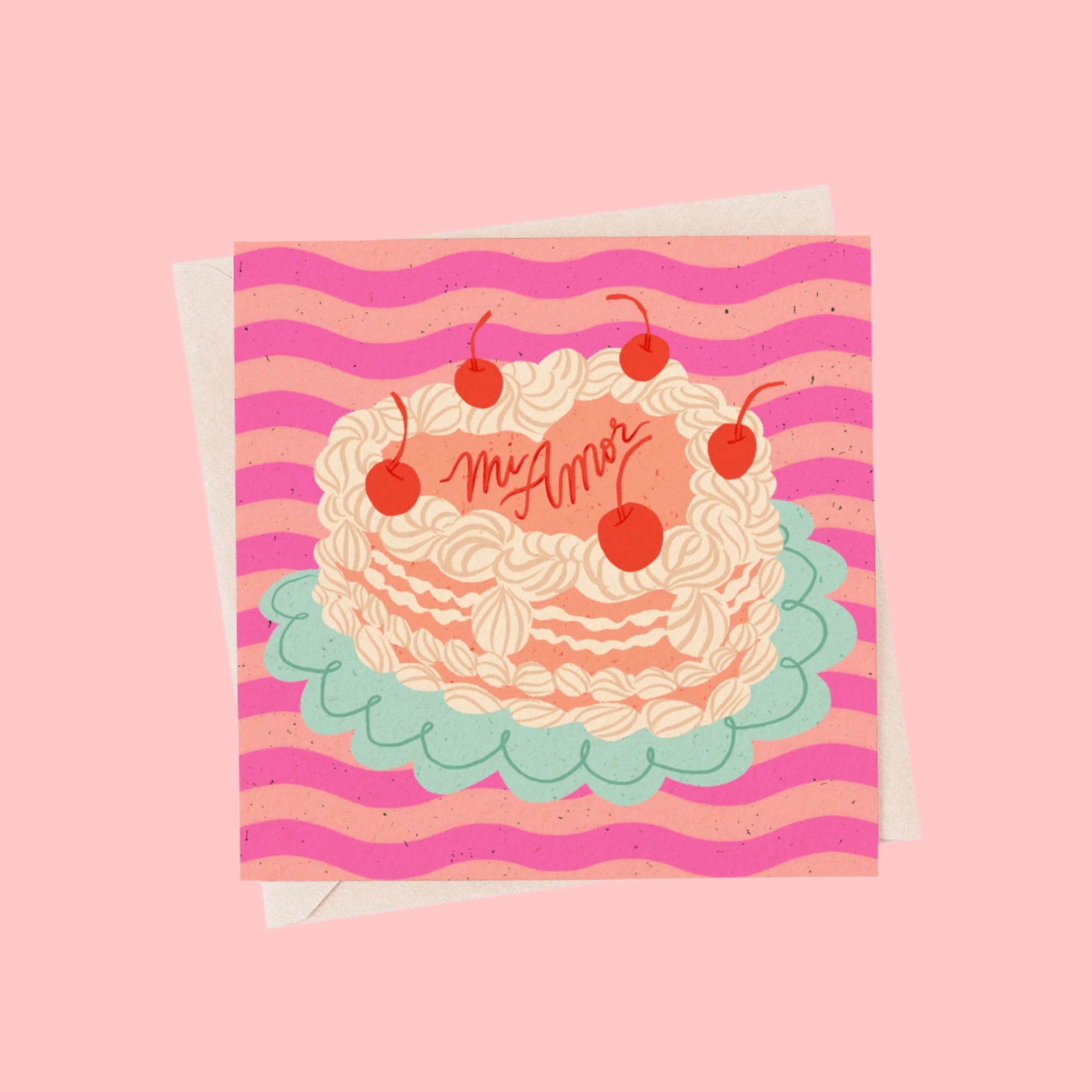 A pink and orange wavy background card with a vintage cake illustration with text on it that reads, 'Mi Amor'.