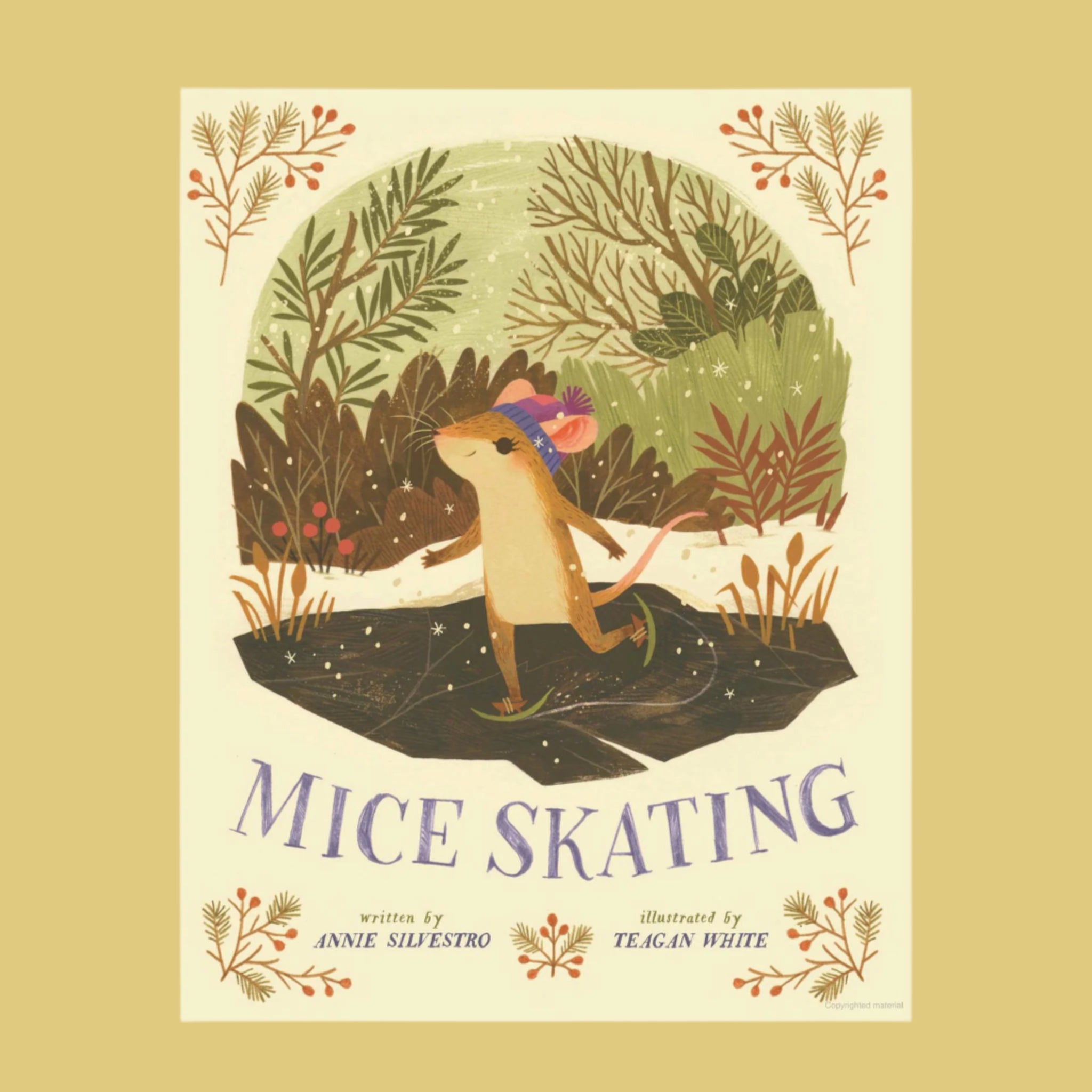 A tan book cover with an illustration of a mouse ice skating with the the title that reads, &#39;Mice Skating&#39;. 