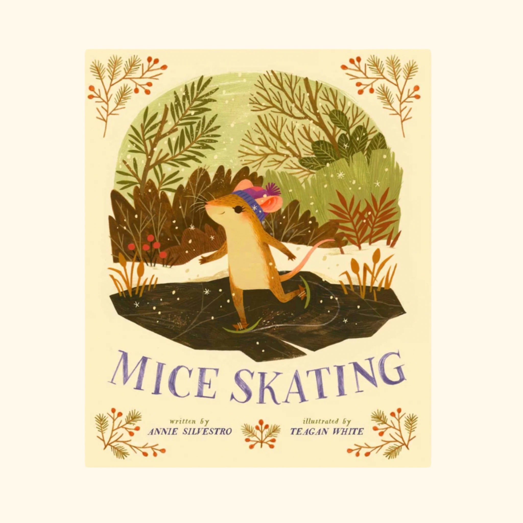 A tan book cover with an illustration of a mouse ice skating with the the title that reads, 'Mice Skating'. 