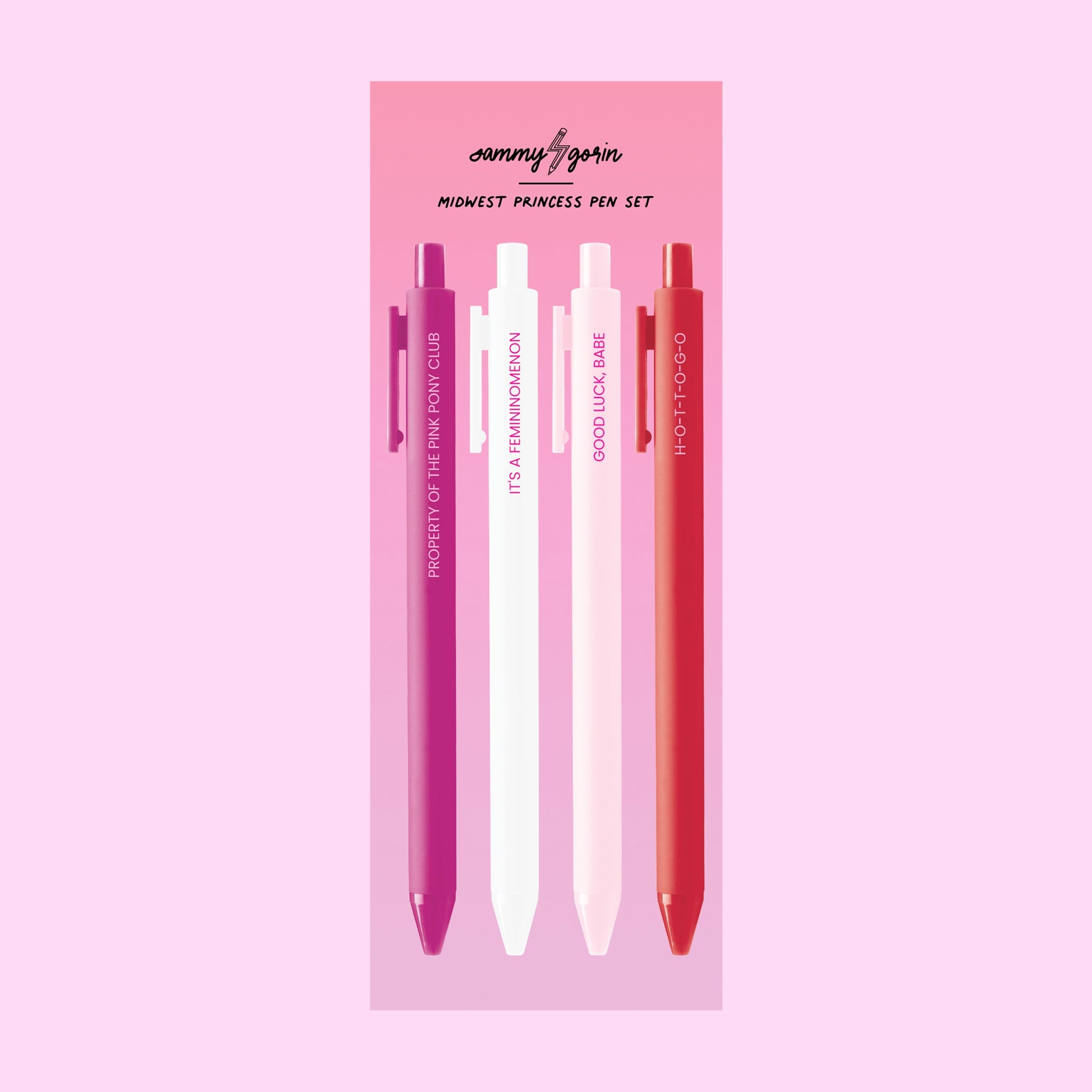 A four pack of pens in pink, red and white shades that say Chappell Roan inspired phrases on each. 