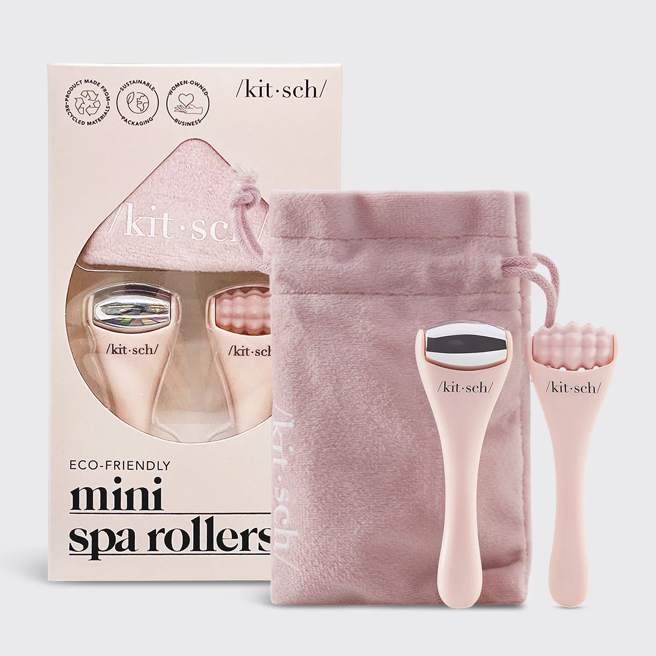 Mini spa rollers set in packaging with a facial roller, a massager, and a pink storage pouch on a white background.