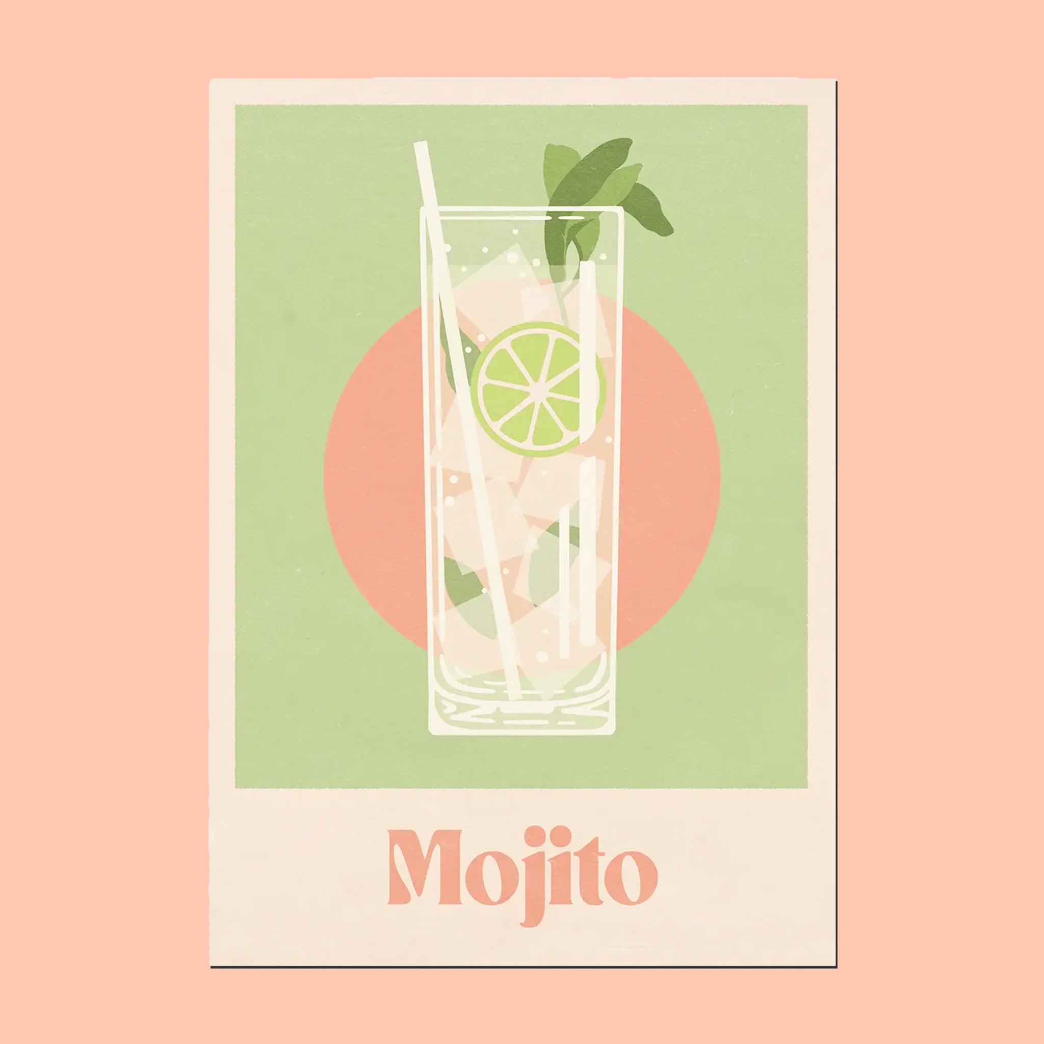 A light green and peach colored art print with a graphic of a mojito cocktail and text below that reads, "Mojito".