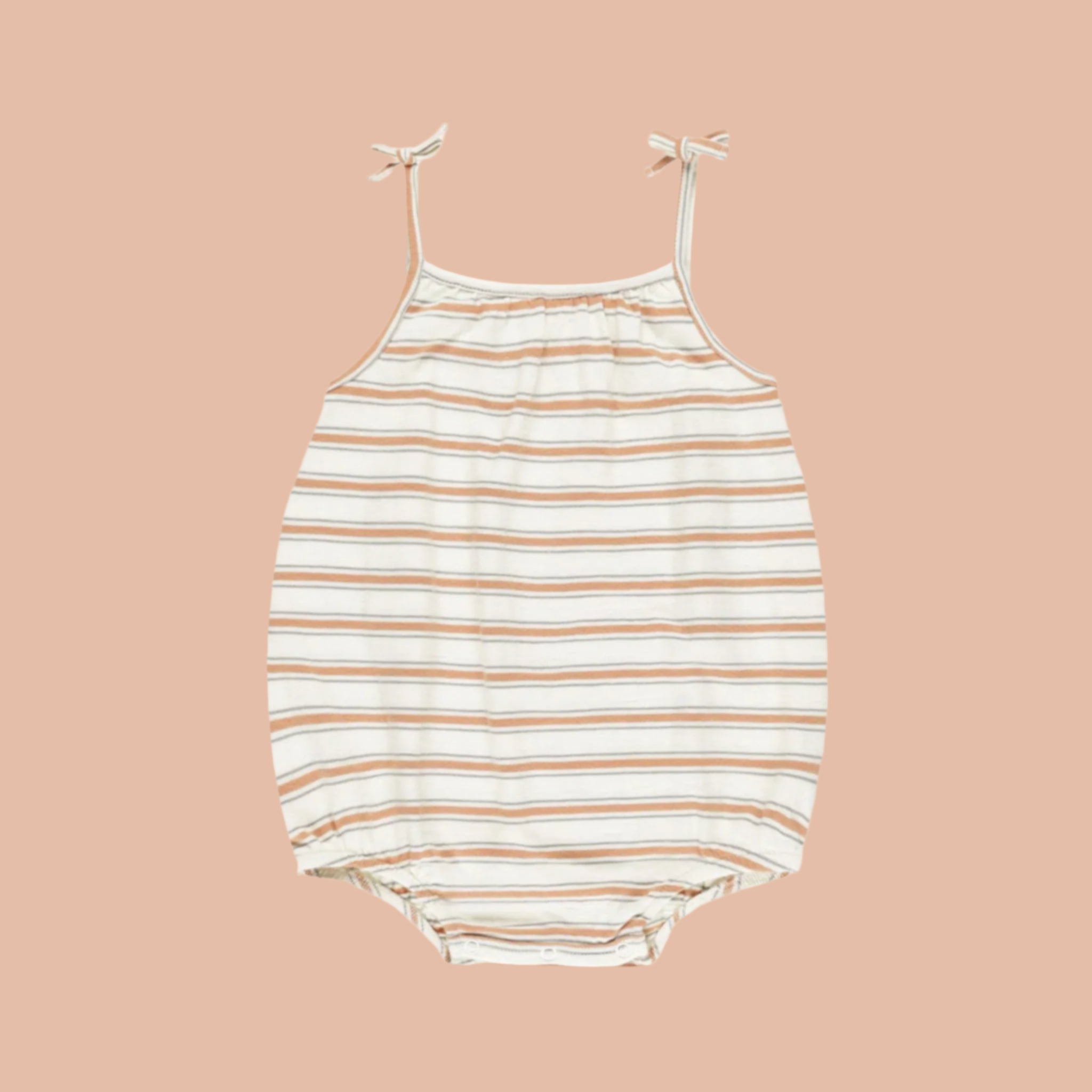 A stripe romper with bow details on the shoulder straps. 