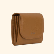 A brown wallet that also turns into a crossbody with a removable strap. 