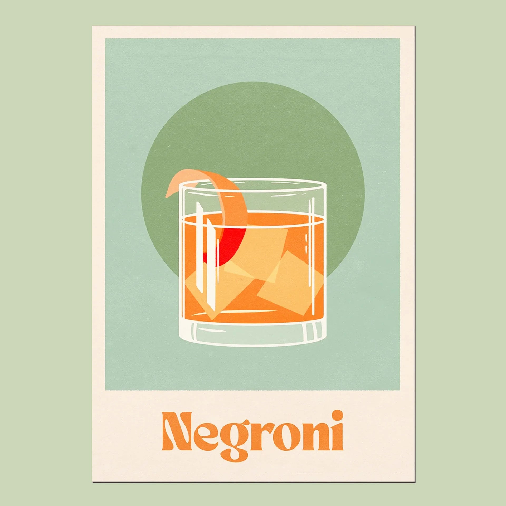 On a teal  background is a green art print with an off white border and orange text at the bottom that reads, &quot;Negroni&quot; as well as a graphic of a Negroni cocktail with an orange peel in the center.