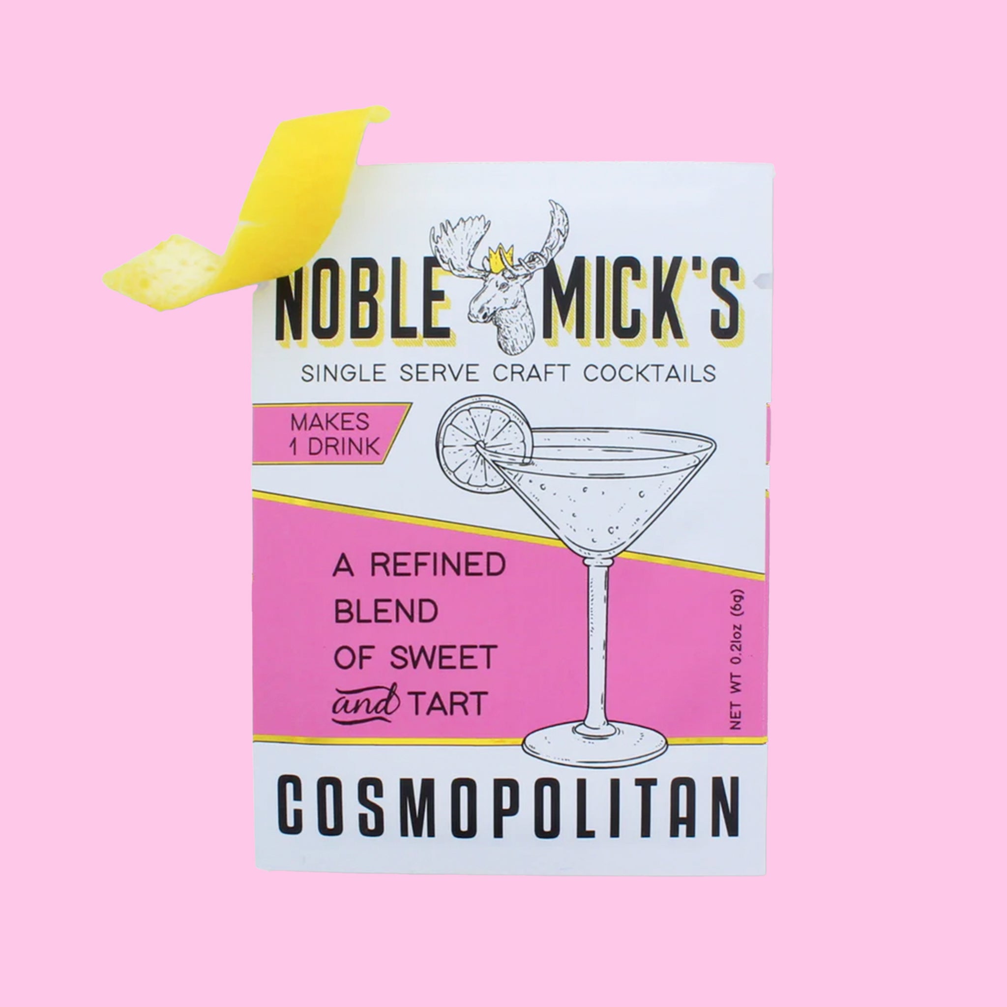 A pink and white packet of craft cocktail mix that says, &quot;Noble Mick&#39;s Single Serve Craft Cocktails&quot; along with a martini glass.