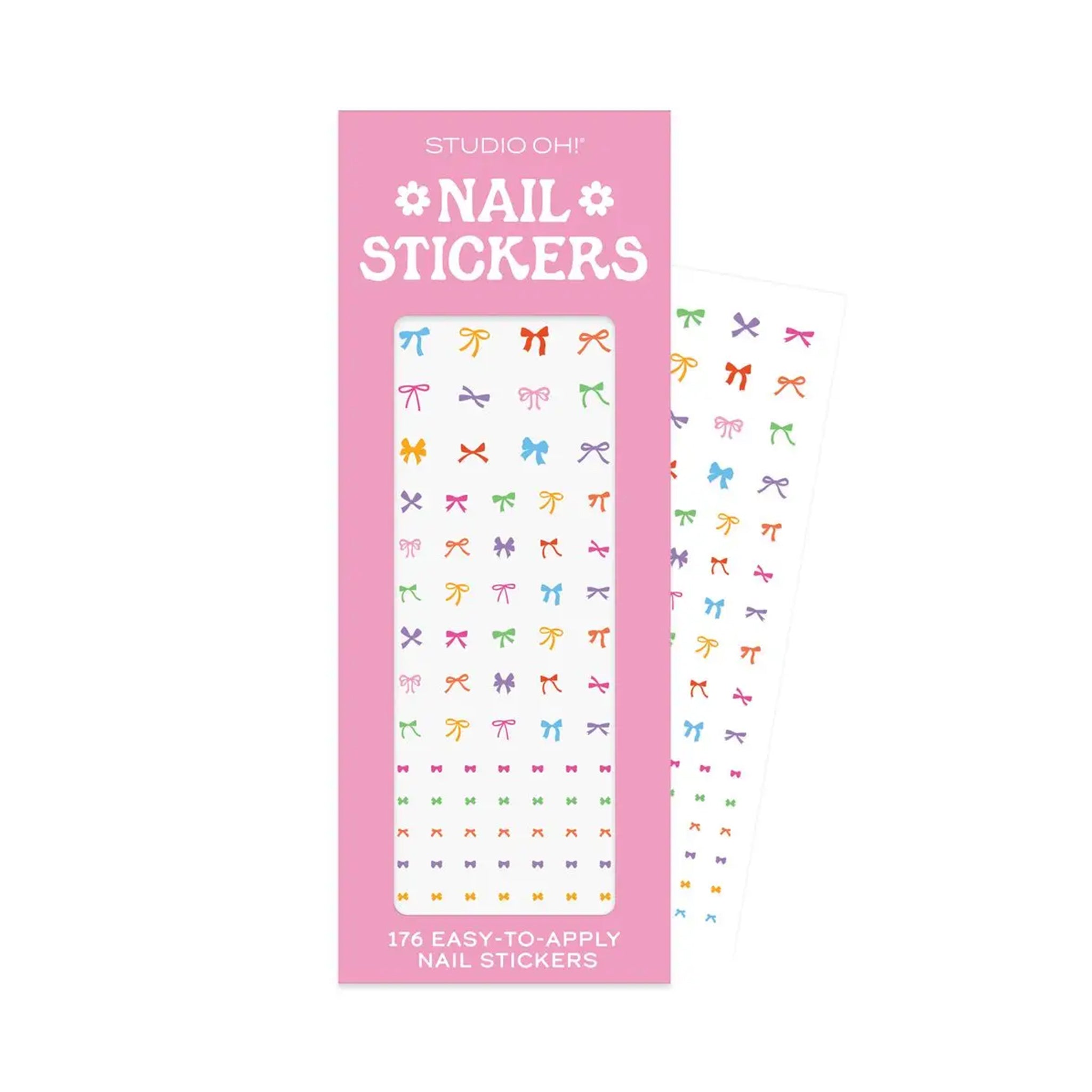 A pack of bow nail stickers in an assortment of colors. 