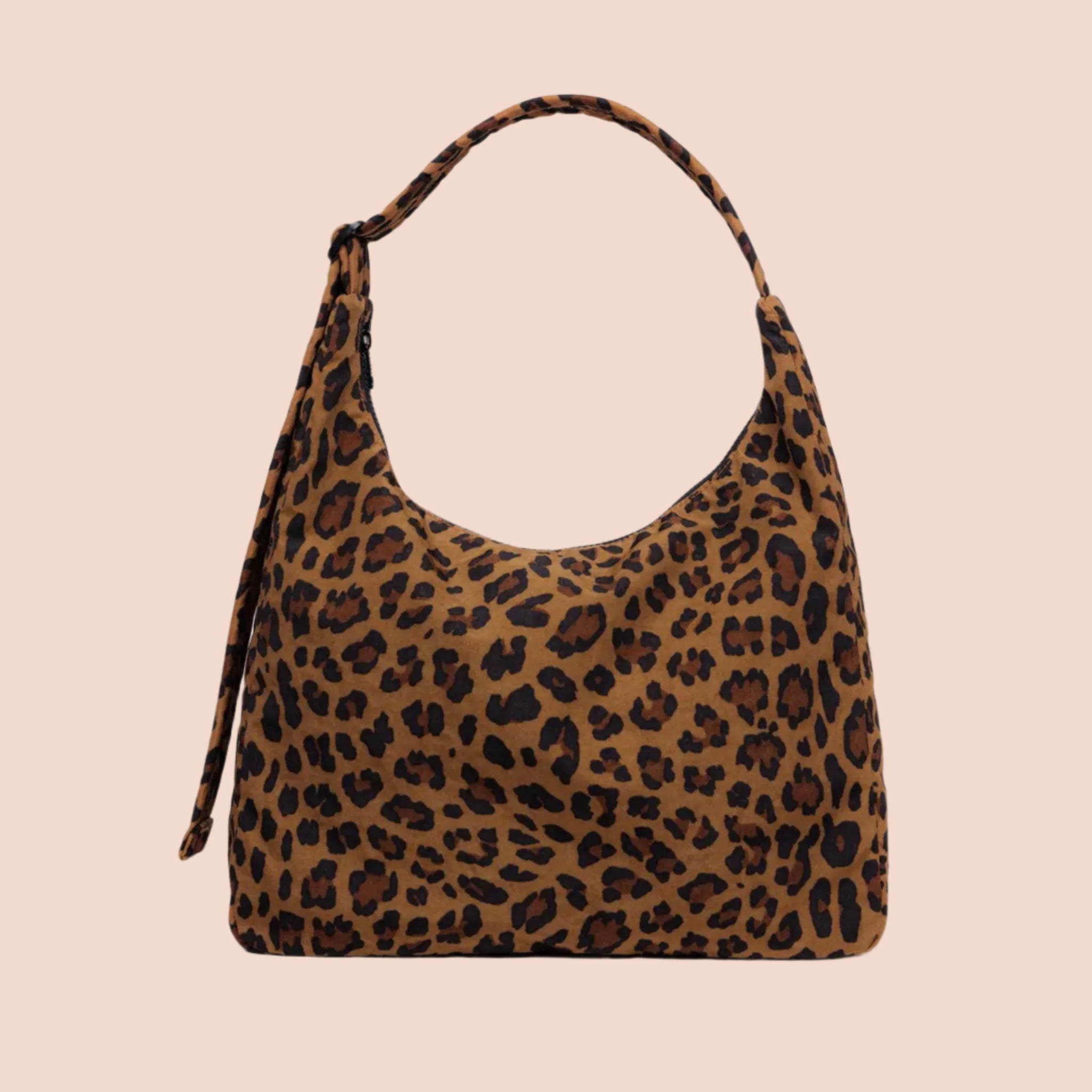 A nylon shoulder handbag with a leopard print pattern.