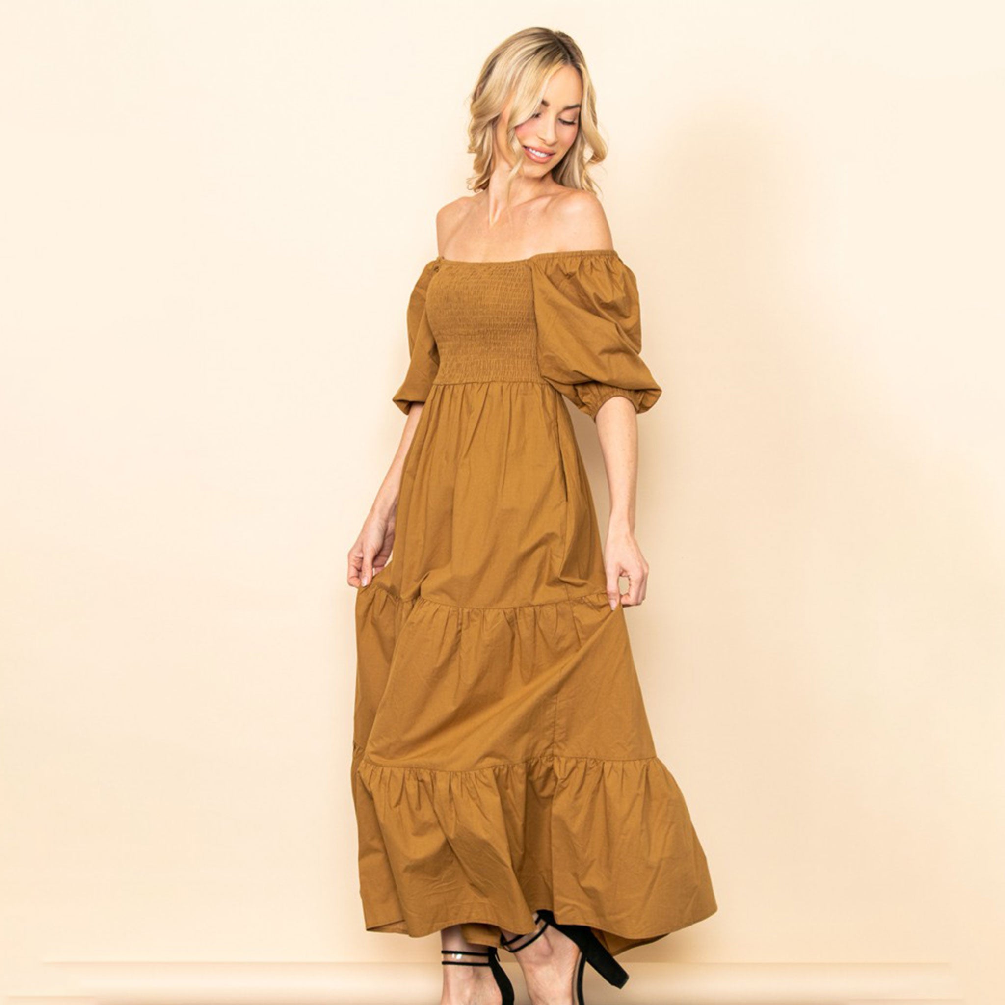 Off Shoulder Smocked Maxi Dress | Camel